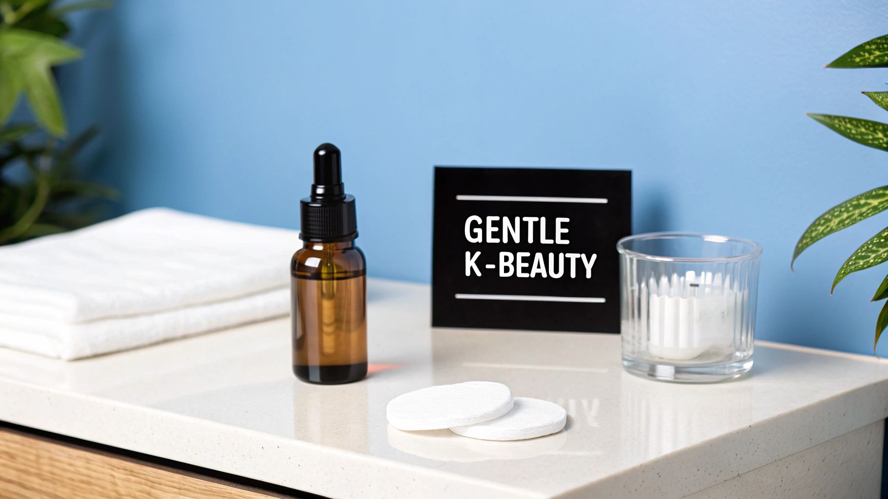 A K-Beauty display with a serum bottle, cotton pads, and a sign that says 'Gentle K-Beauty'.