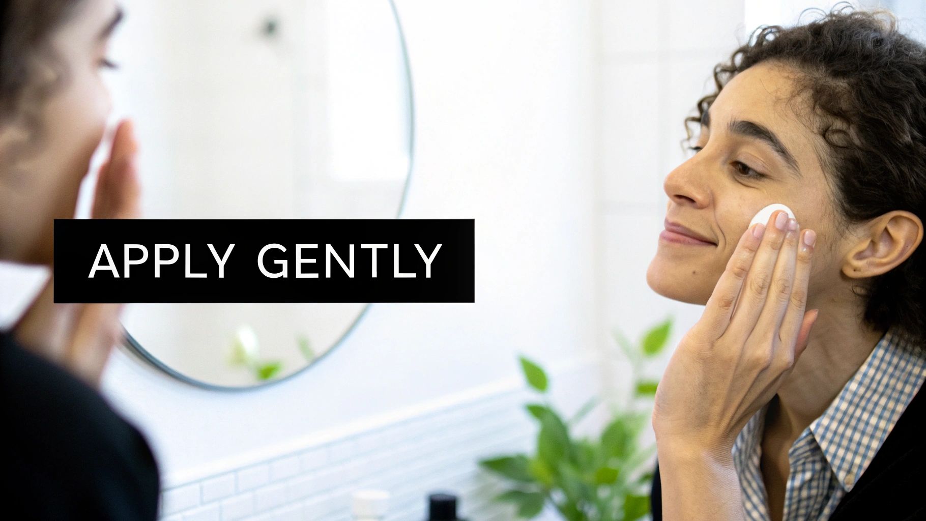 A smiling woman gently applies skincare to her face with a cotton pad in a bathroom.