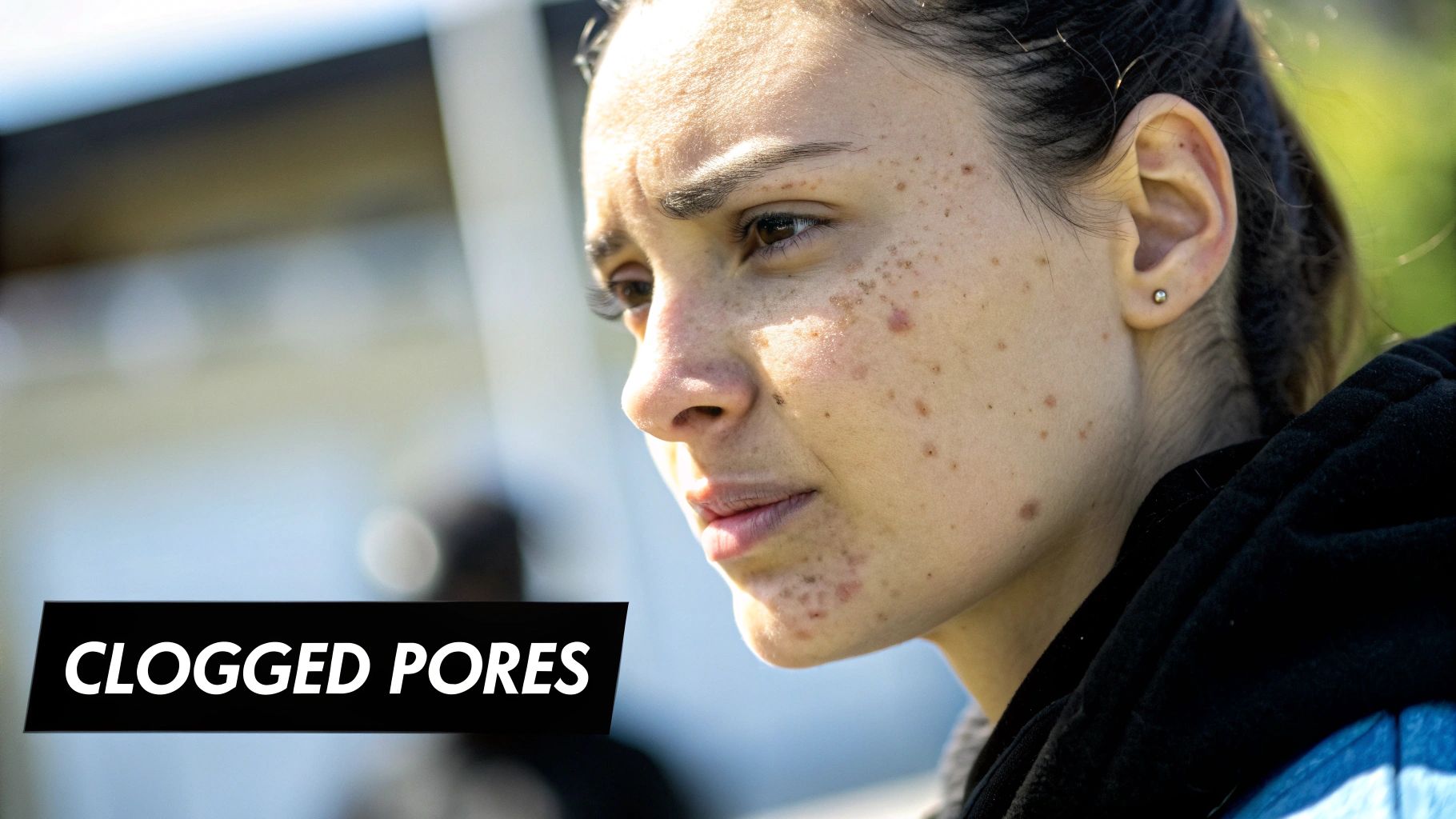 Close-up of a person's face showing clogged pores and skin blemishes, with 'CLOGGED PORES' text.