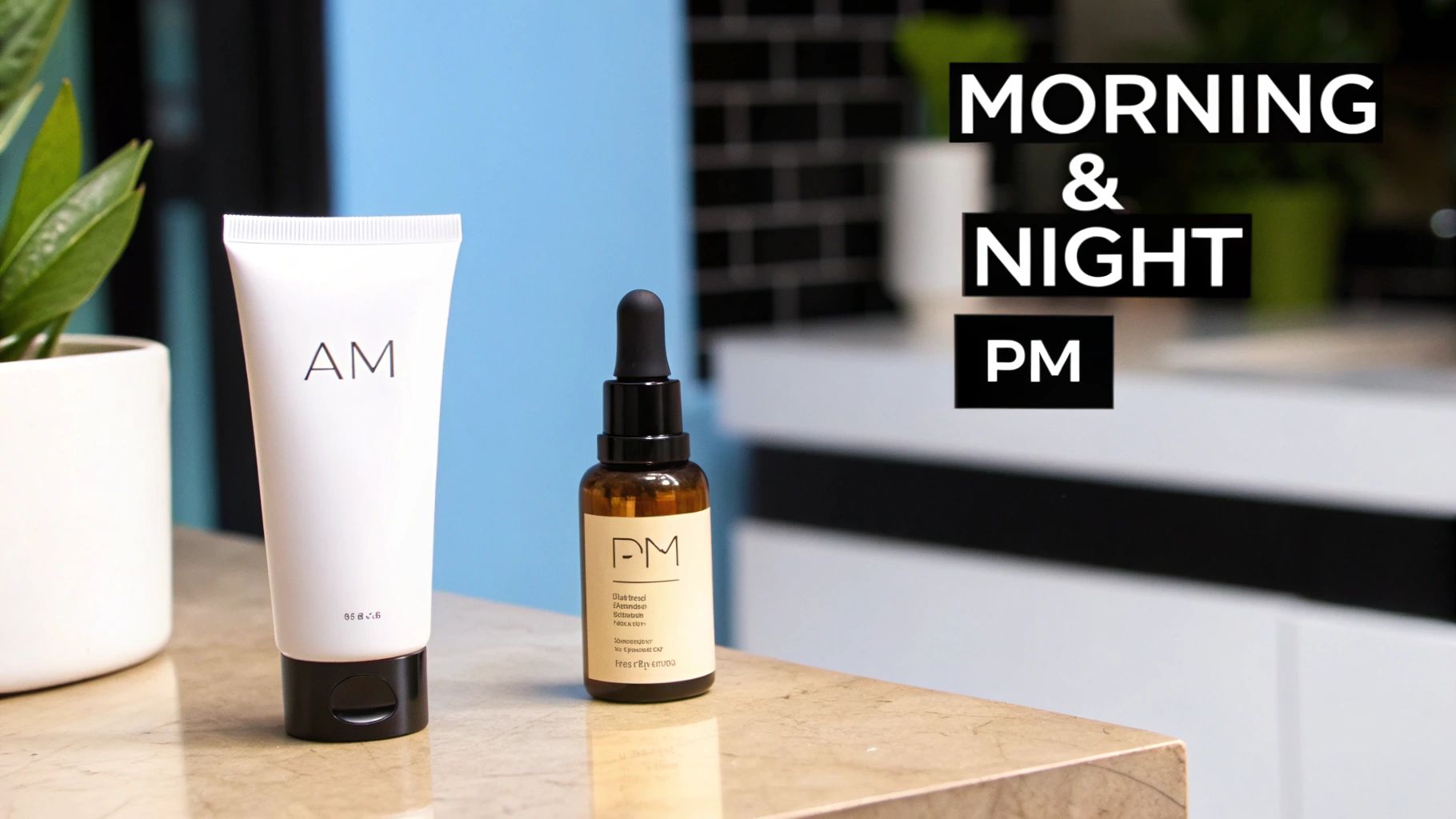 AM and PM skincare products on a counter with text 'Morning & Night' for a daily routine.