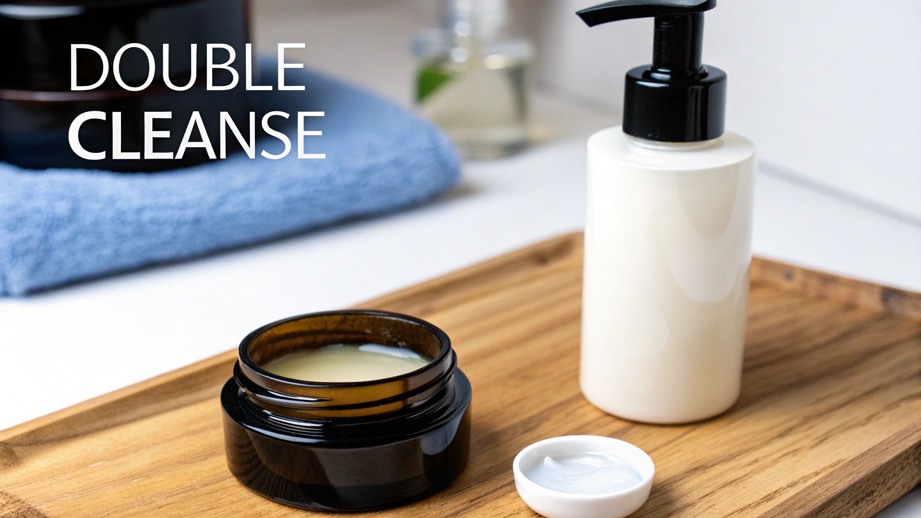 Skincare products for a double cleanse routine: a cleansing balm and a liquid cleanser bottle on a wooden tray.
