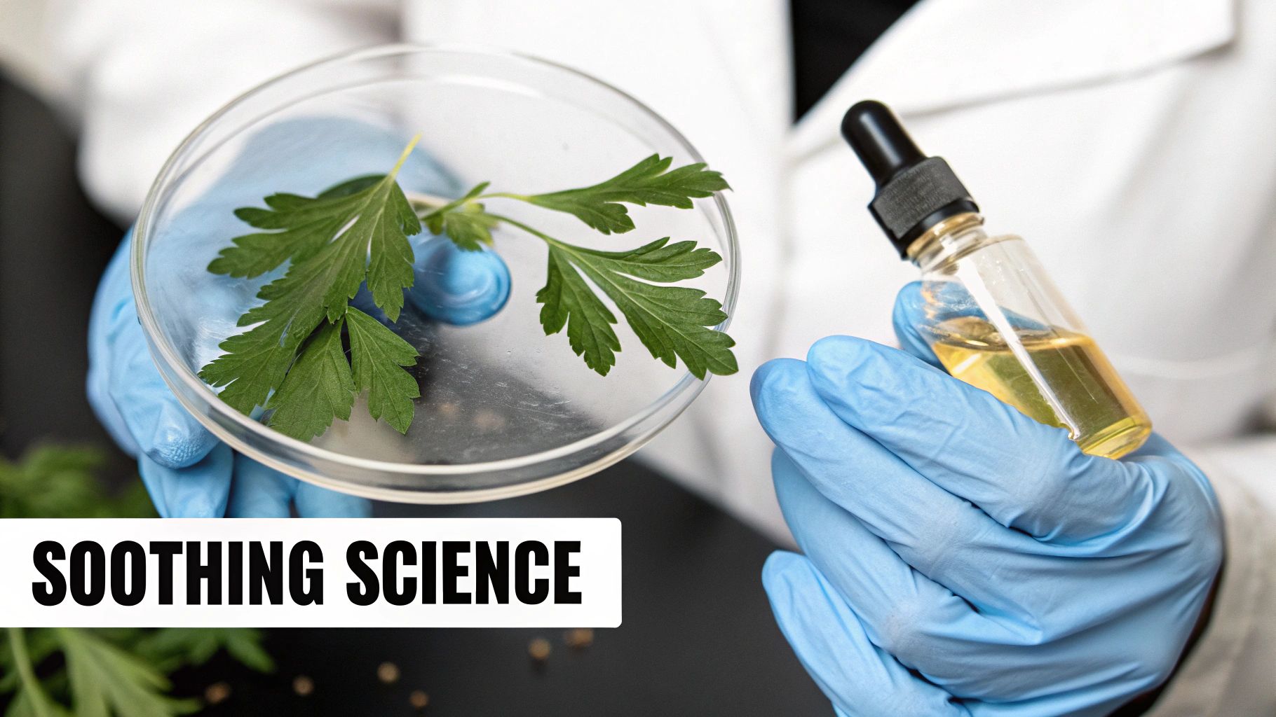 Hands in blue gloves holding a petri dish with green leaves and a dropper bottle of oil.