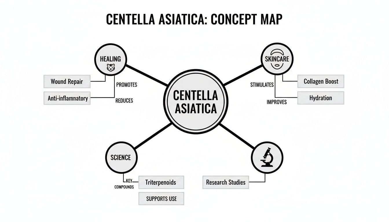 A concept map detailing Centella Asiatica's benefits for healing, skincare, and scientific properties including triterpenoids.