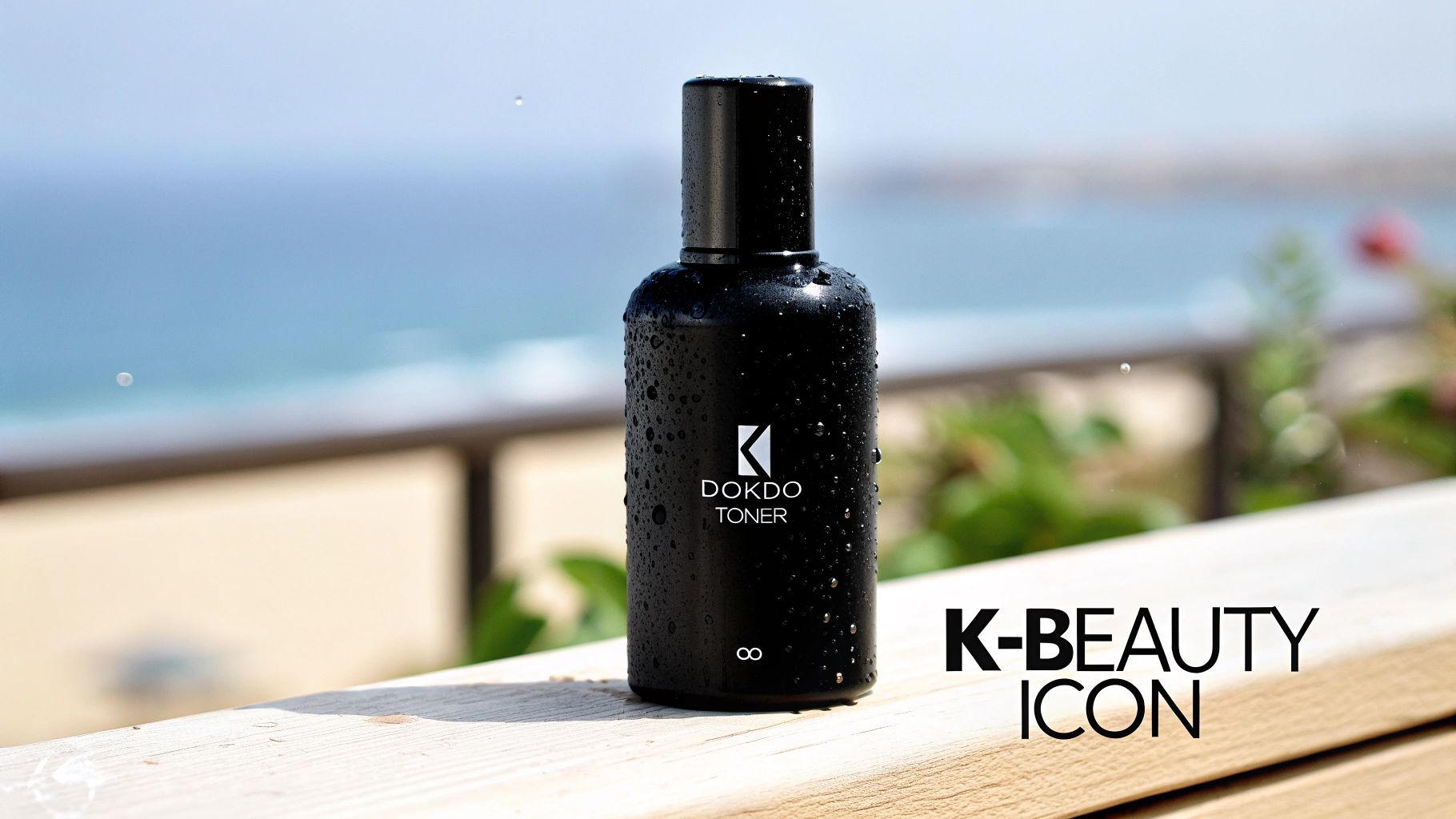 Black Dokdo Toner bottle with water droplets on a wooden railing, ocean in background, K-Beauty icon.