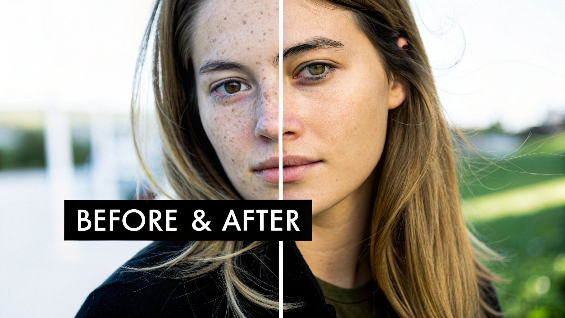 A split image of a woman's face showing skin with freckles before and smooth skin after treatment.