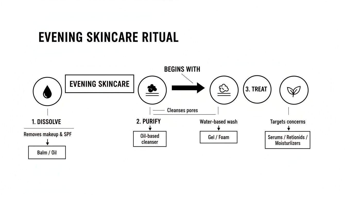 A flowchart illustrates an evening skincare ritual with steps: Dissolve, Purify, and Treat, including product examples.