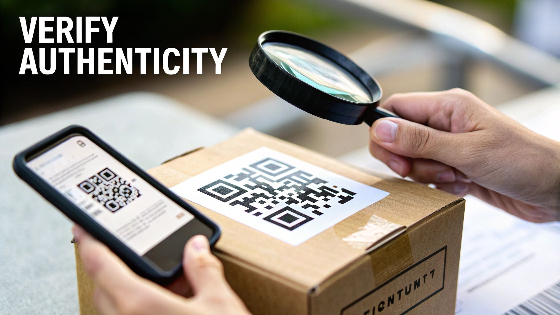 Hands scanning QR codes on a package with a smartphone and magnifying glass to verify authenticity.