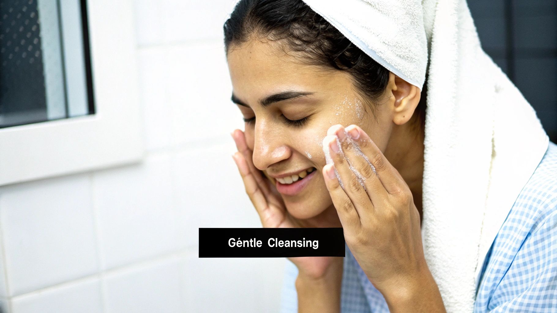 Smiling young woman with a white towel on her head gently applies foamy cleanser to her face.