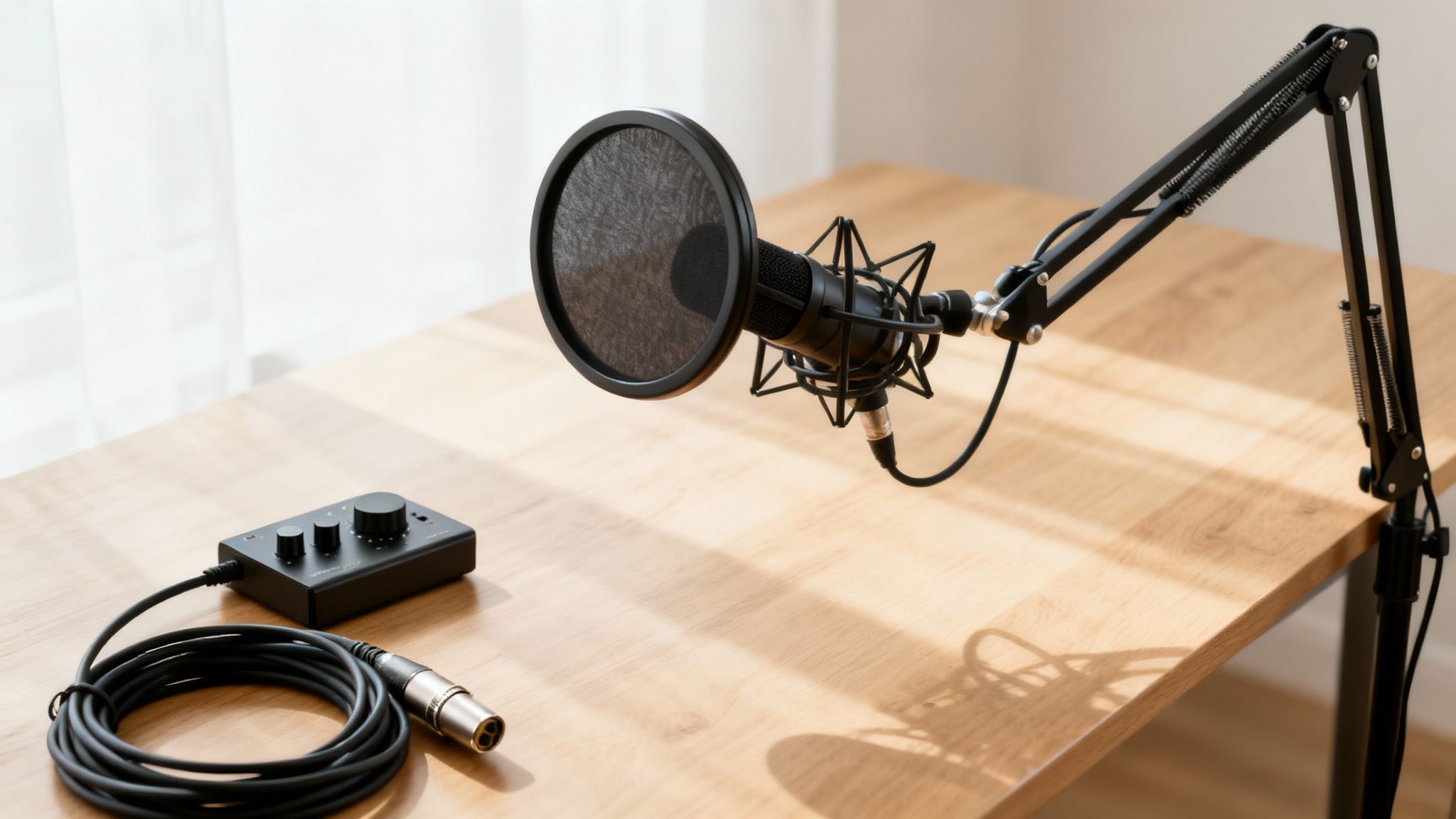 A professional podcast microphone setup with an audio interface on a light wooden desk.