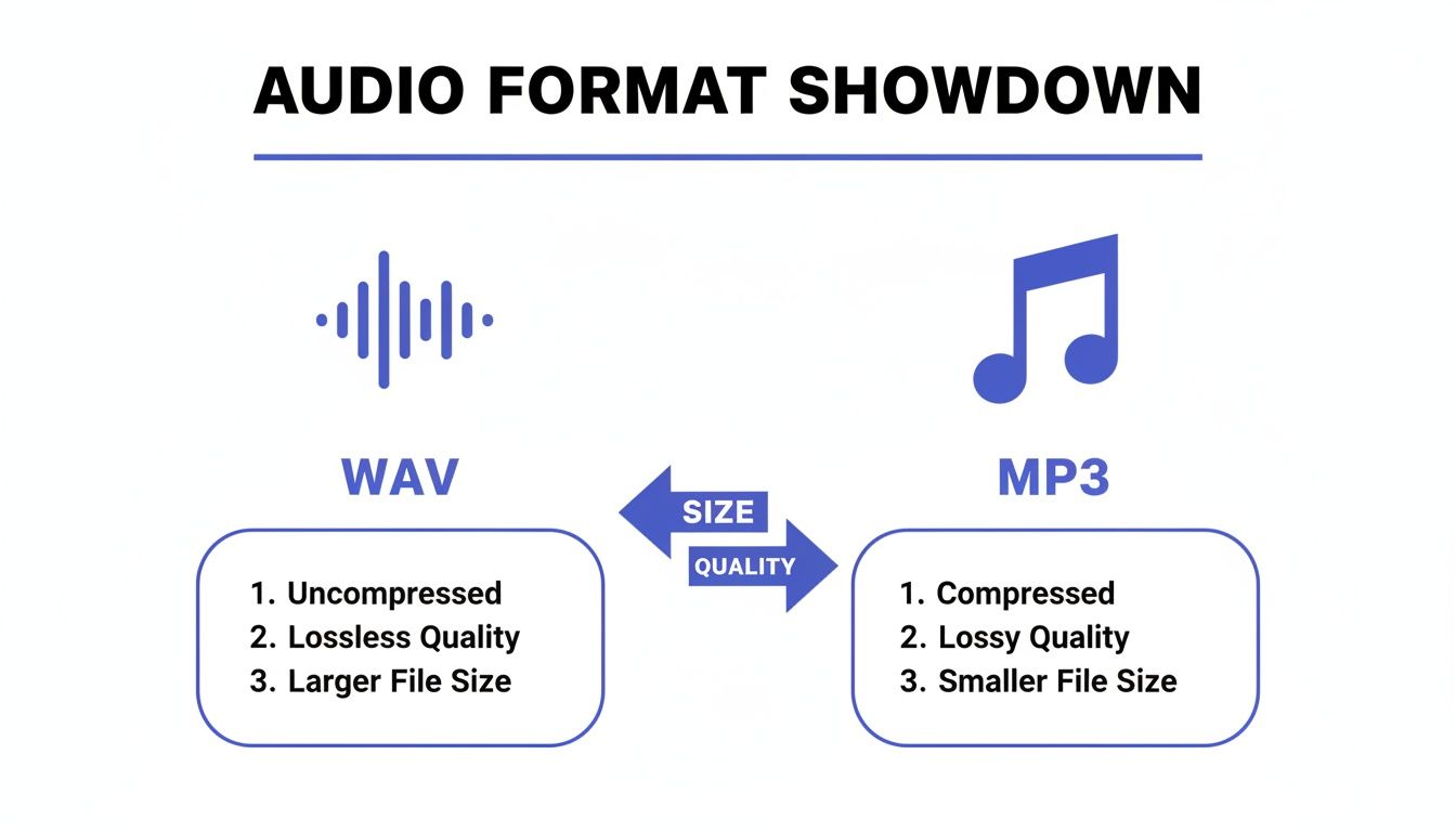 An infographic comparing WAV and MP3 audio formats, highlighting differences in compression, quality, and file size.
