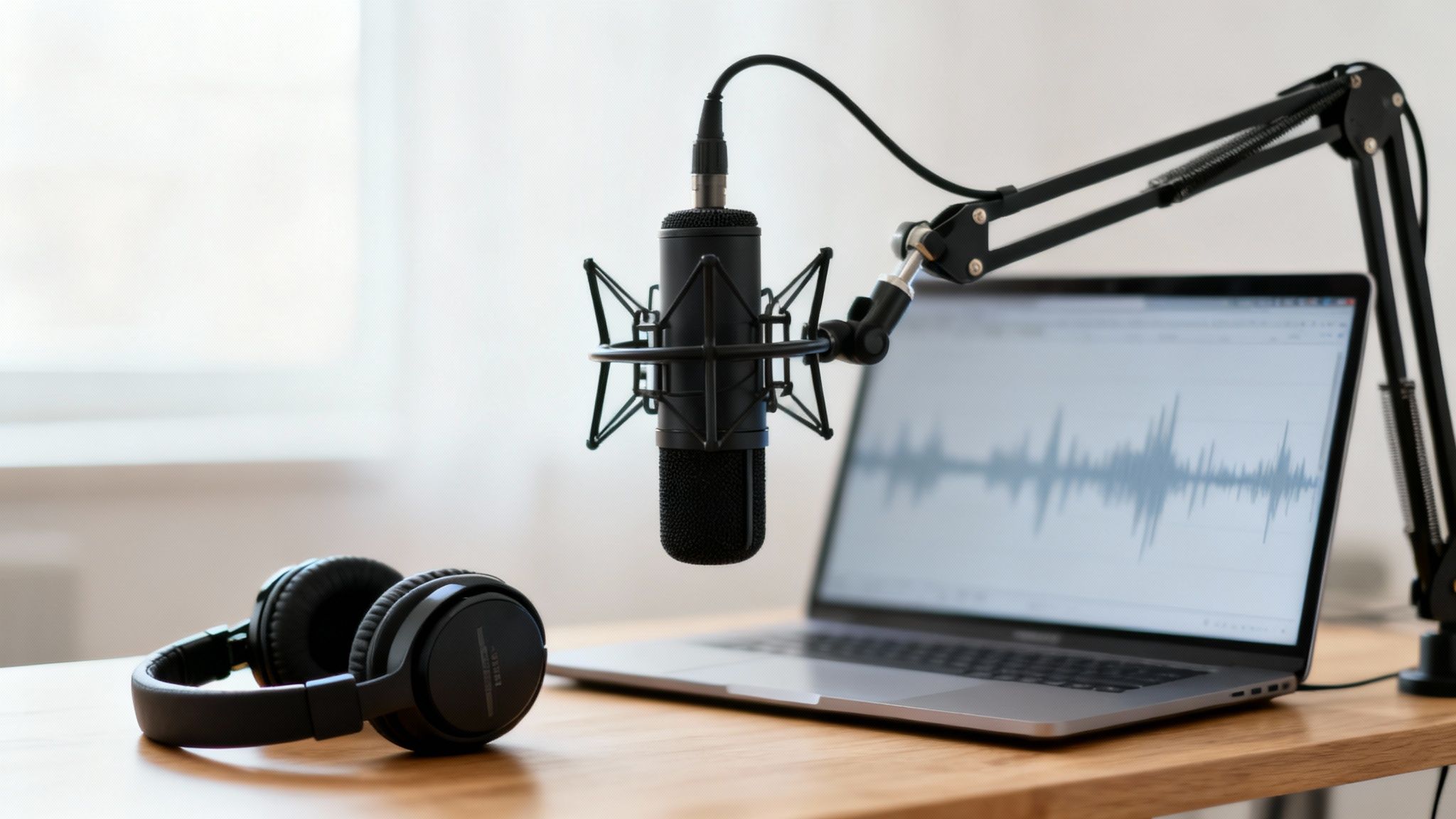 Professional podcast setup with microphone, headphones, and laptop displaying audio waveforms on a desk.