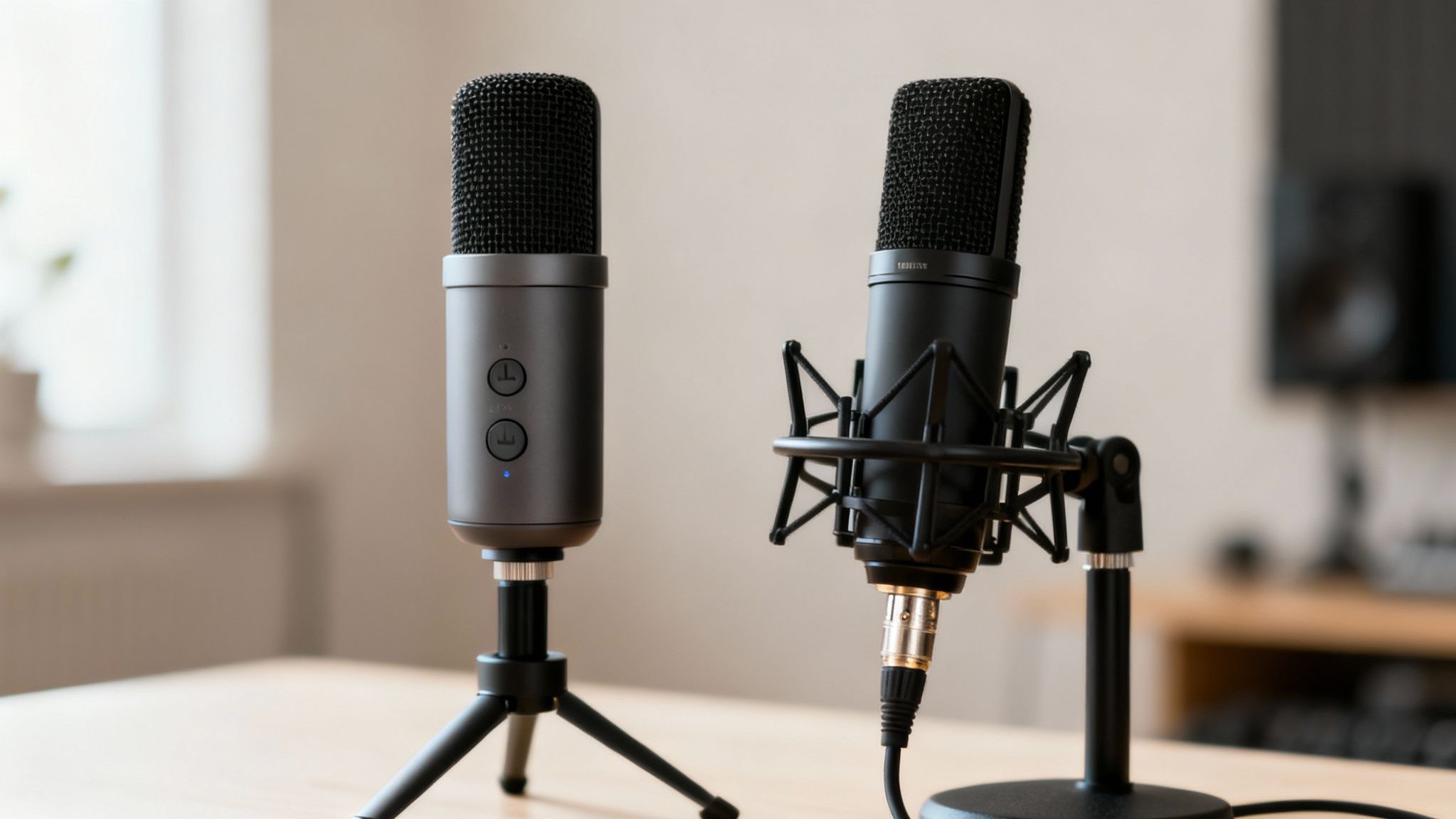 Two professional microphones, a grey USB and a black XLR, sit on a light wooden desk for podcasting.