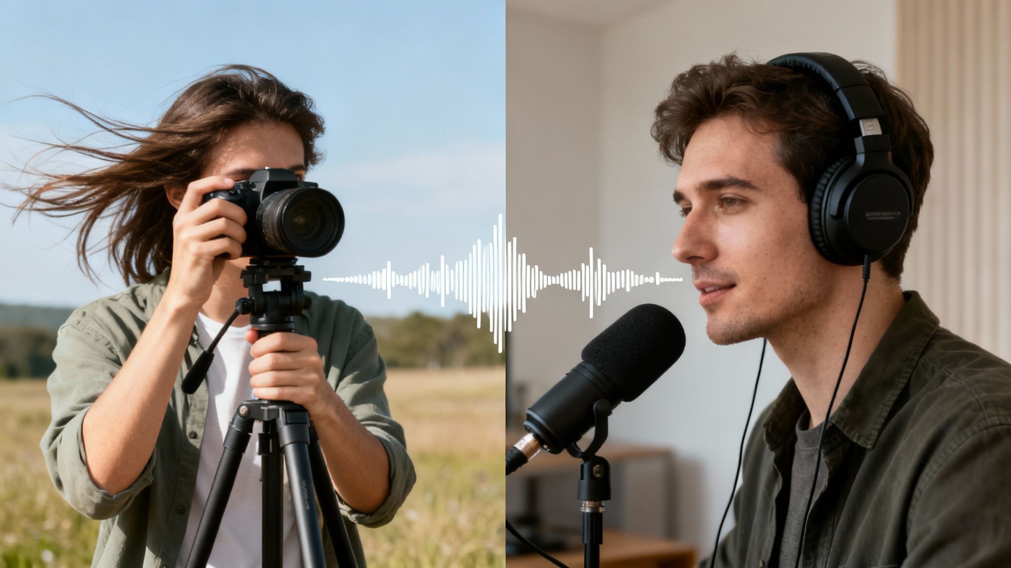 Two individuals: one filming video outdoors with a camera, the other recording audio indoors with a microphone.