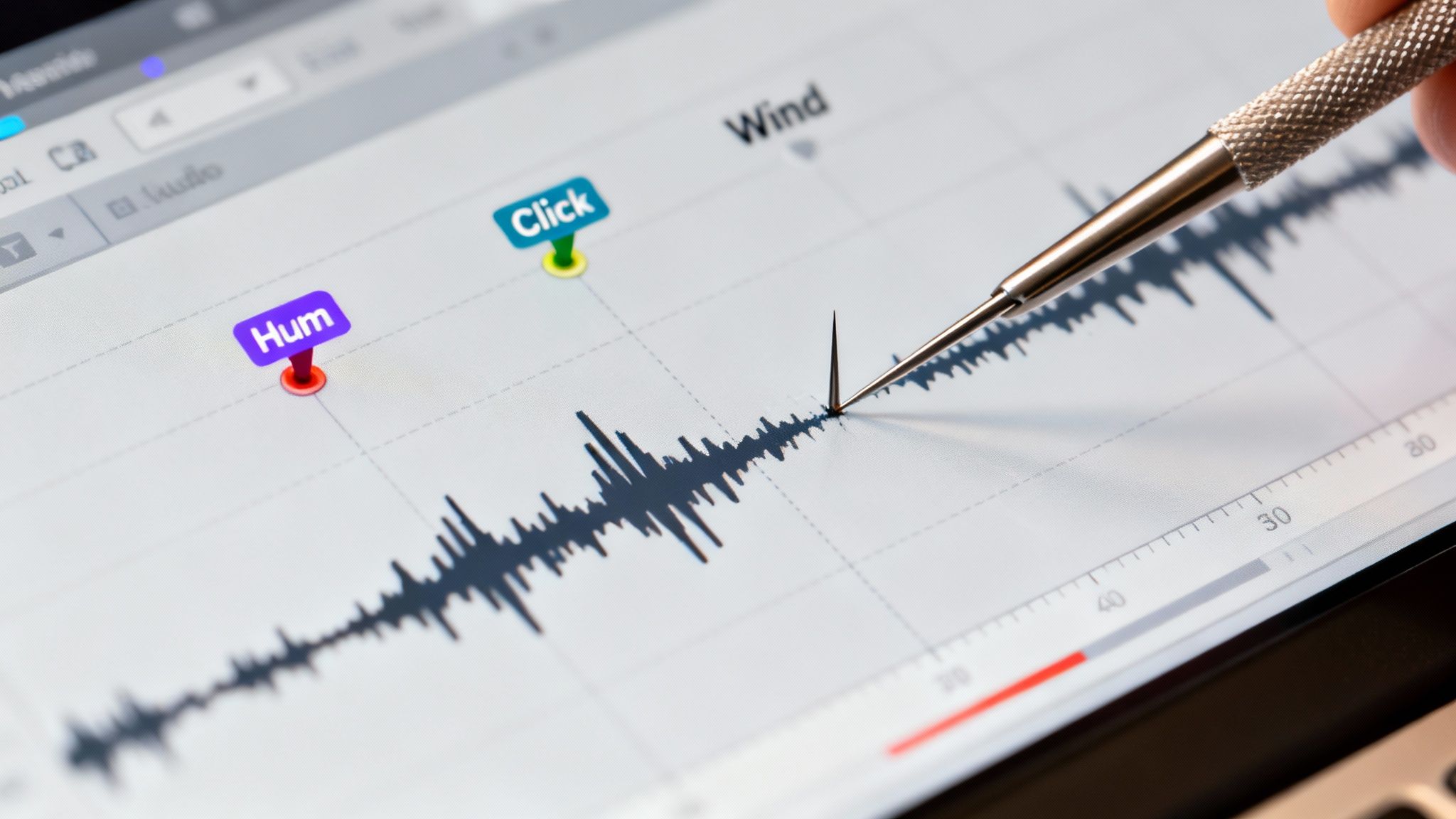 Hand pointing a precision tool at a digital audio waveform graph on a screen.