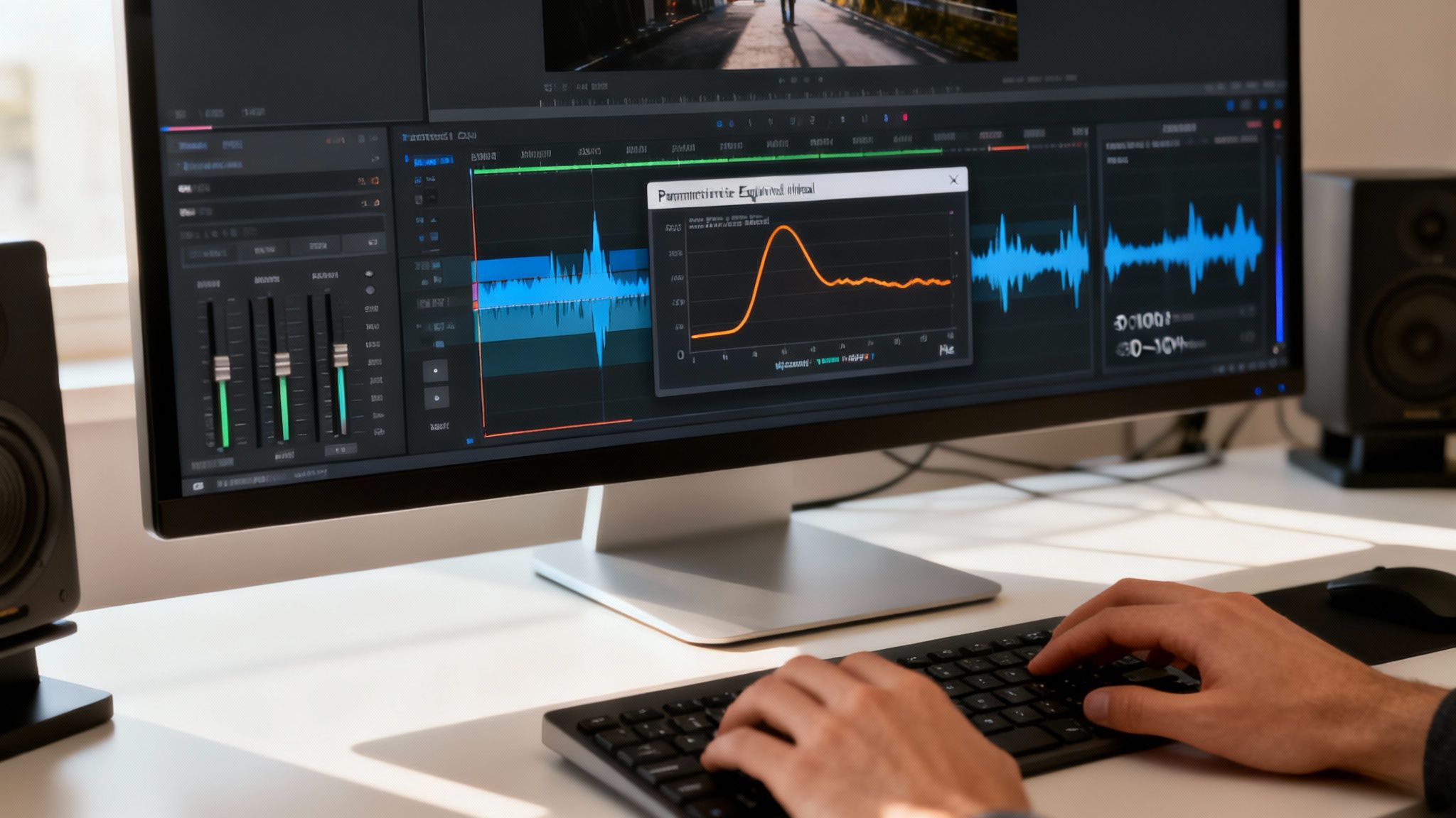 A person's hands typing on a keyboard while editing video and audio on a computer monitor, with speakers on the desk.