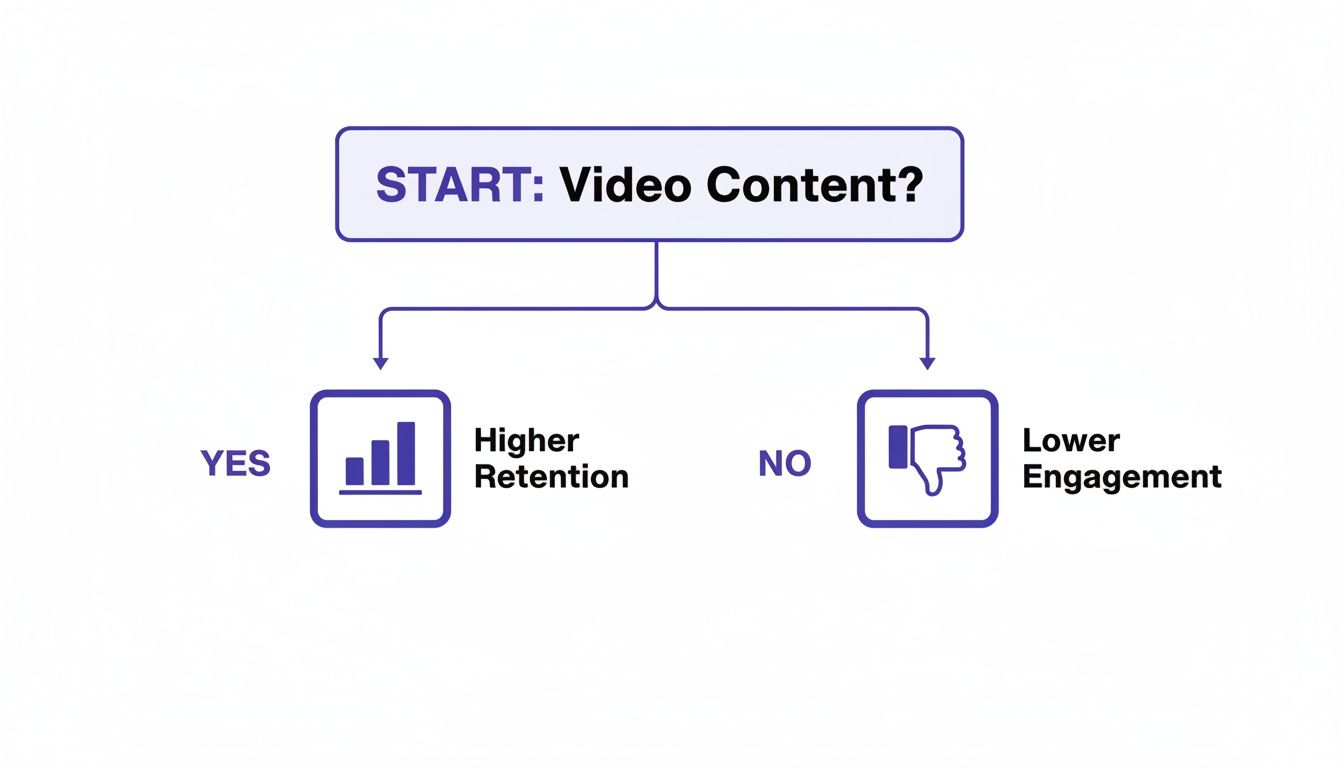 Decision flowchart: Video content offers higher retention, non-video content results in lower engagement.