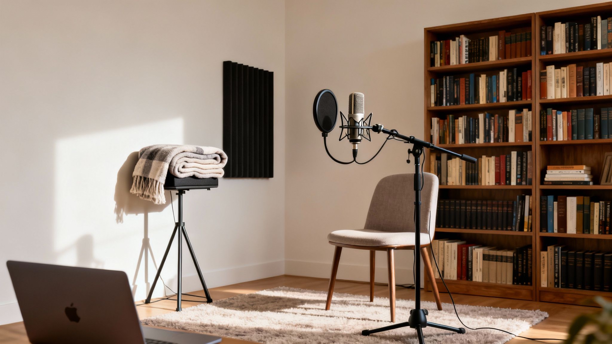 A home recording studio setup with a microphone, chair, acoustic panel, and bookshelf.