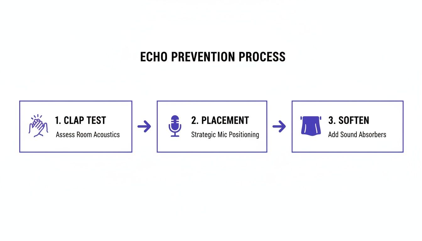 A flowchart detailing the three steps for echo prevention: clap test, strategic mic placement, and adding sound absorbers.