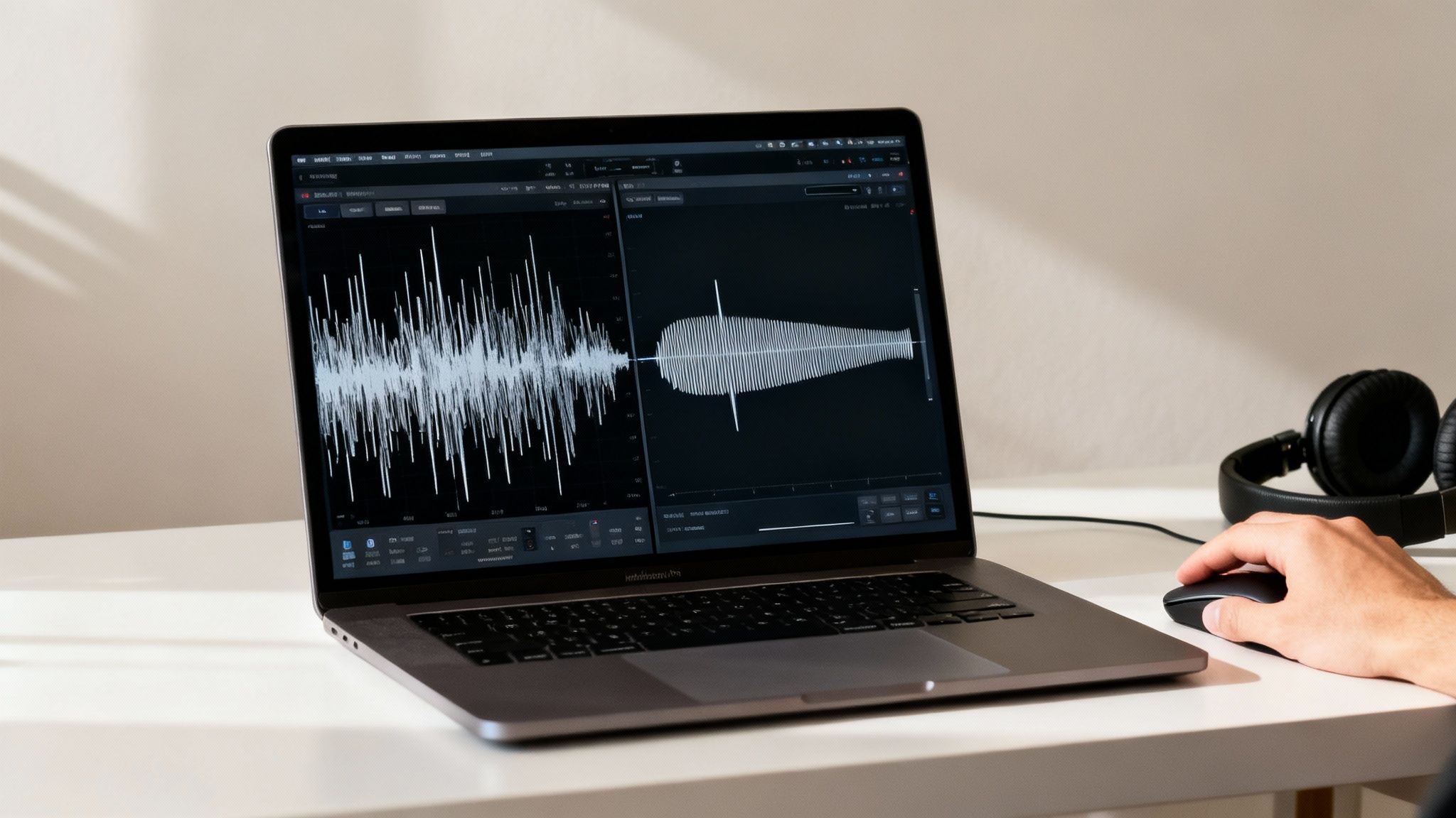 A person editing audio on a MacBook Pro with headphones and a mouse on a white desk.