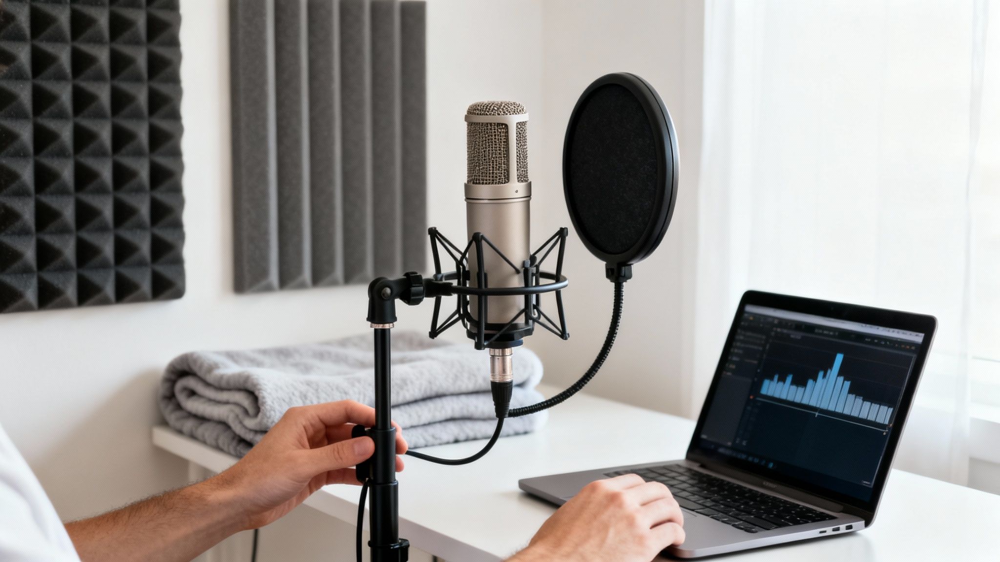 A person adjusting a professional microphone with a pop filter in a home recording studio.