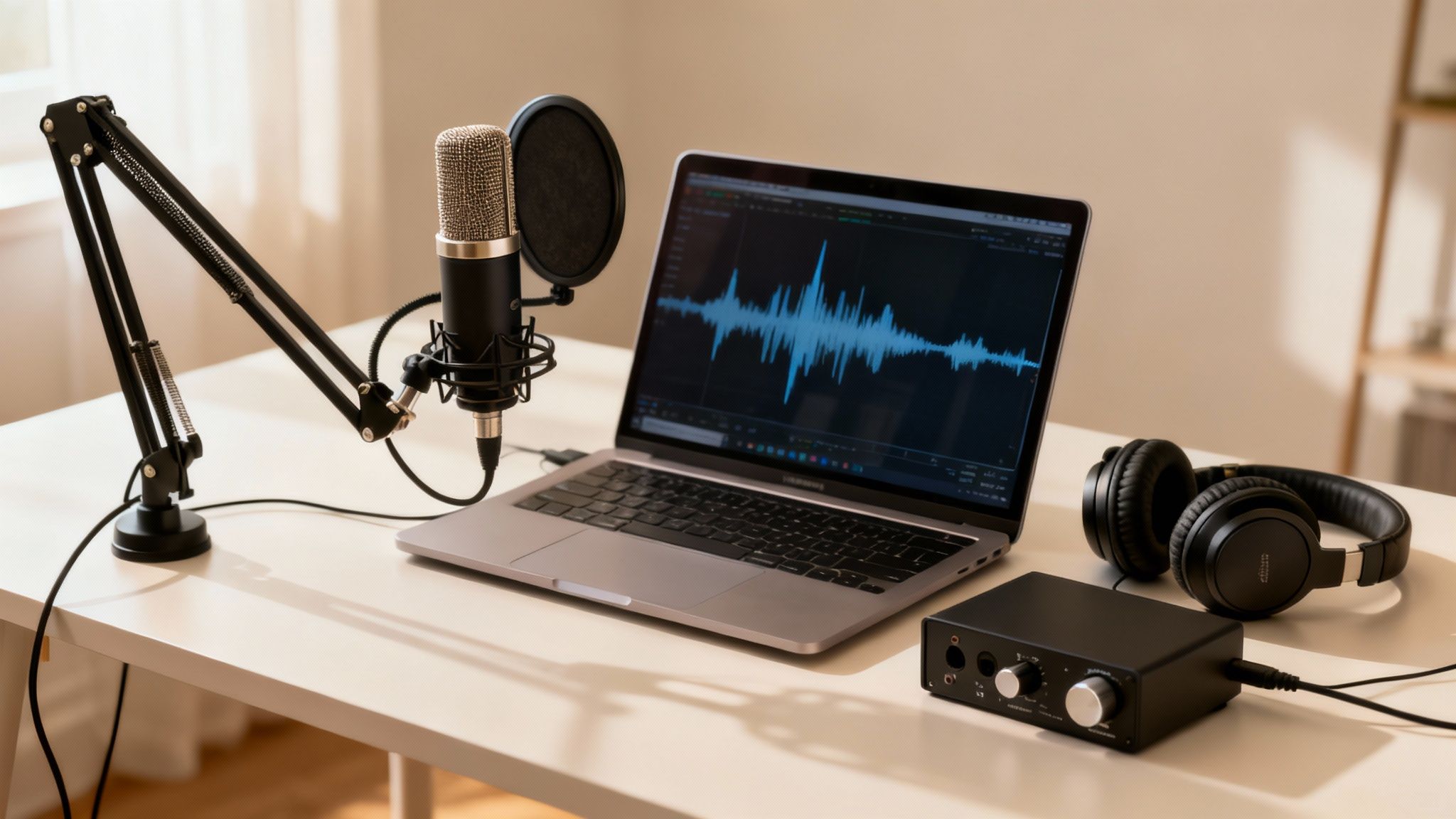 A podcast recording setup with a microphone, laptop showing audio waveforms, headphones, and an audio interface.