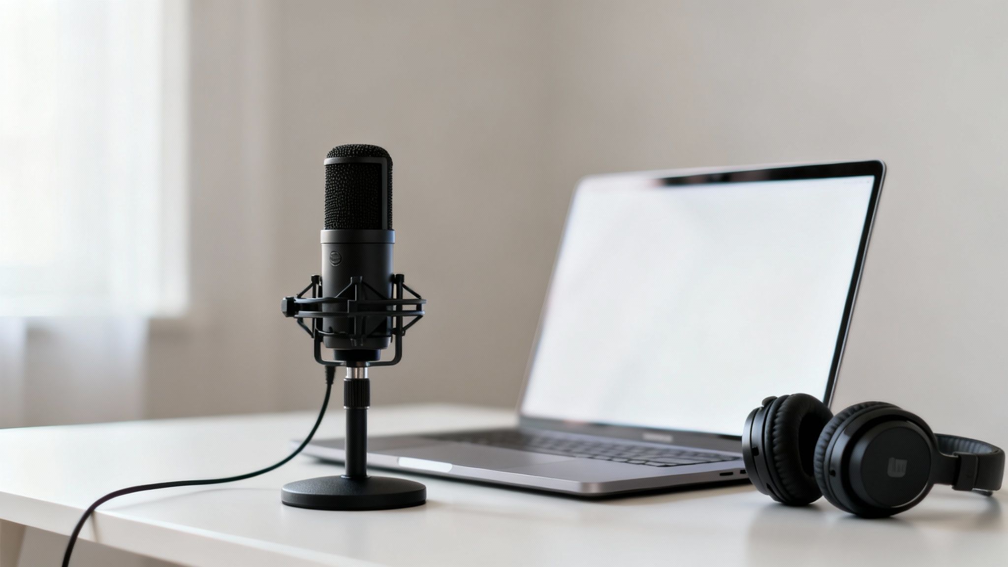 A black condenser microphone, a laptop, and headphones on a white desk, ready for podcasting or recording.
