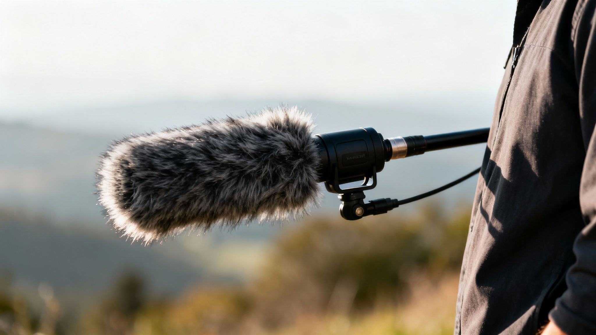 A professional furry shotgun microphone on a boom pole capturing sound outdoors.