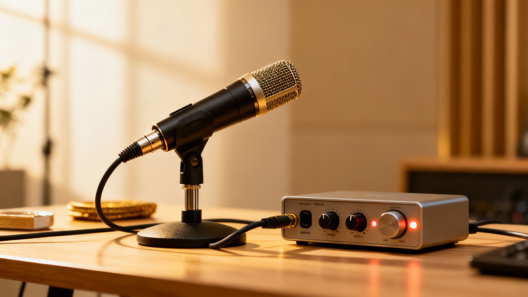 A condenser microphone on a stand connected to an audio interface on a wooden desk.