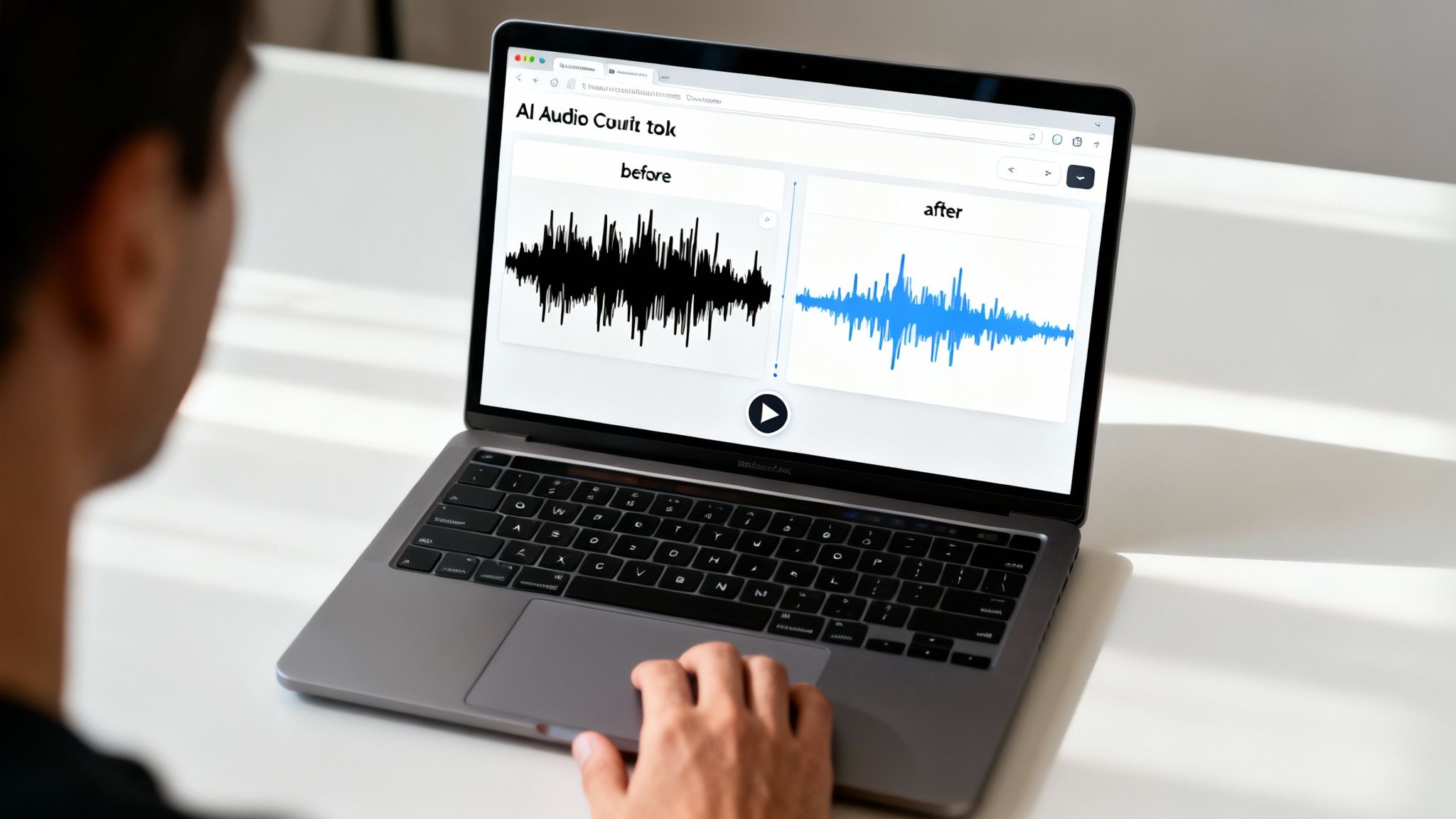 A person's hand on a laptop showing AI audio editing software with before and after waveforms.