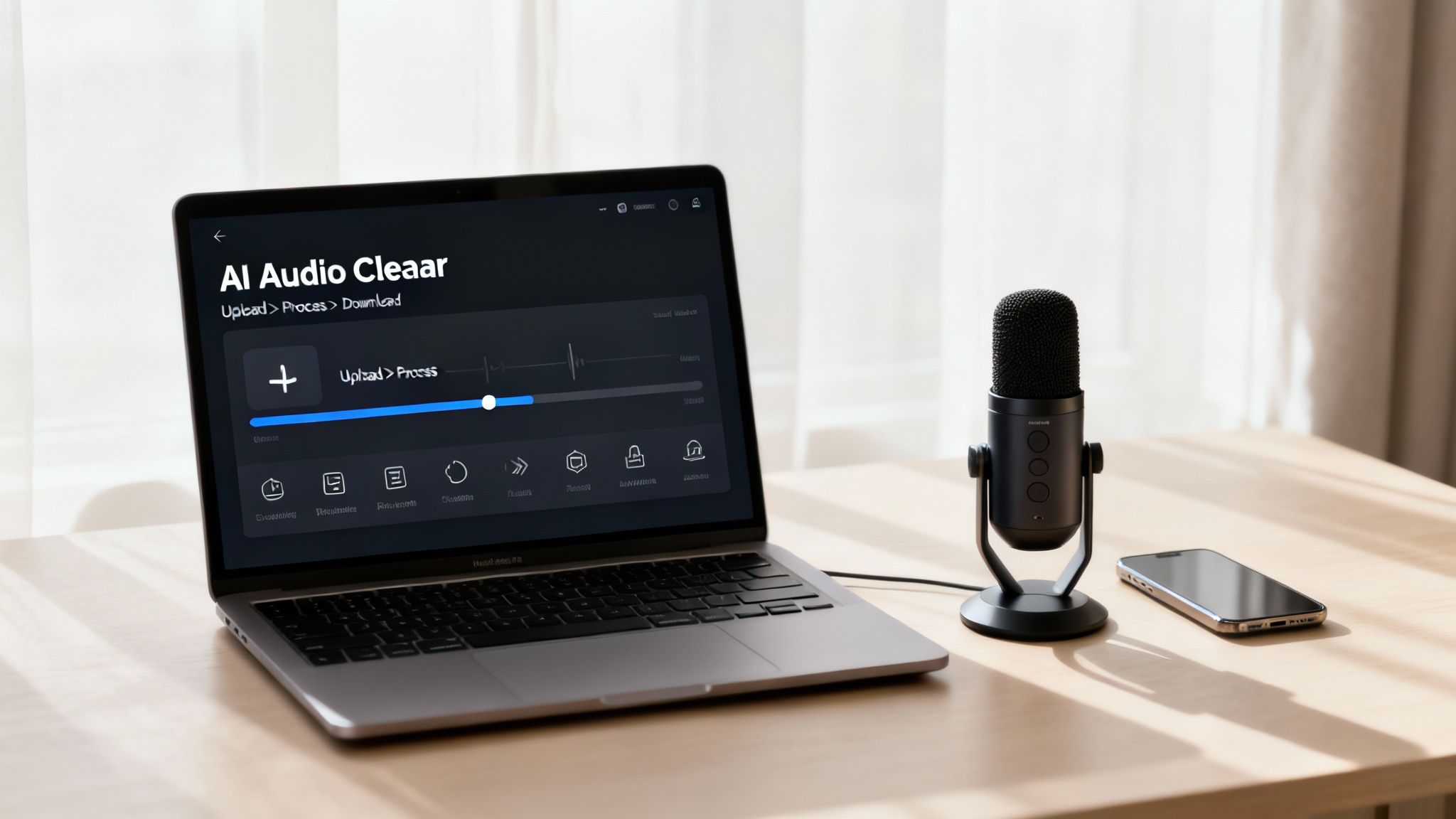 Laptop with 'AI Audio Cleaar' app, a microphone, and a smartphone on a modern wooden desk.