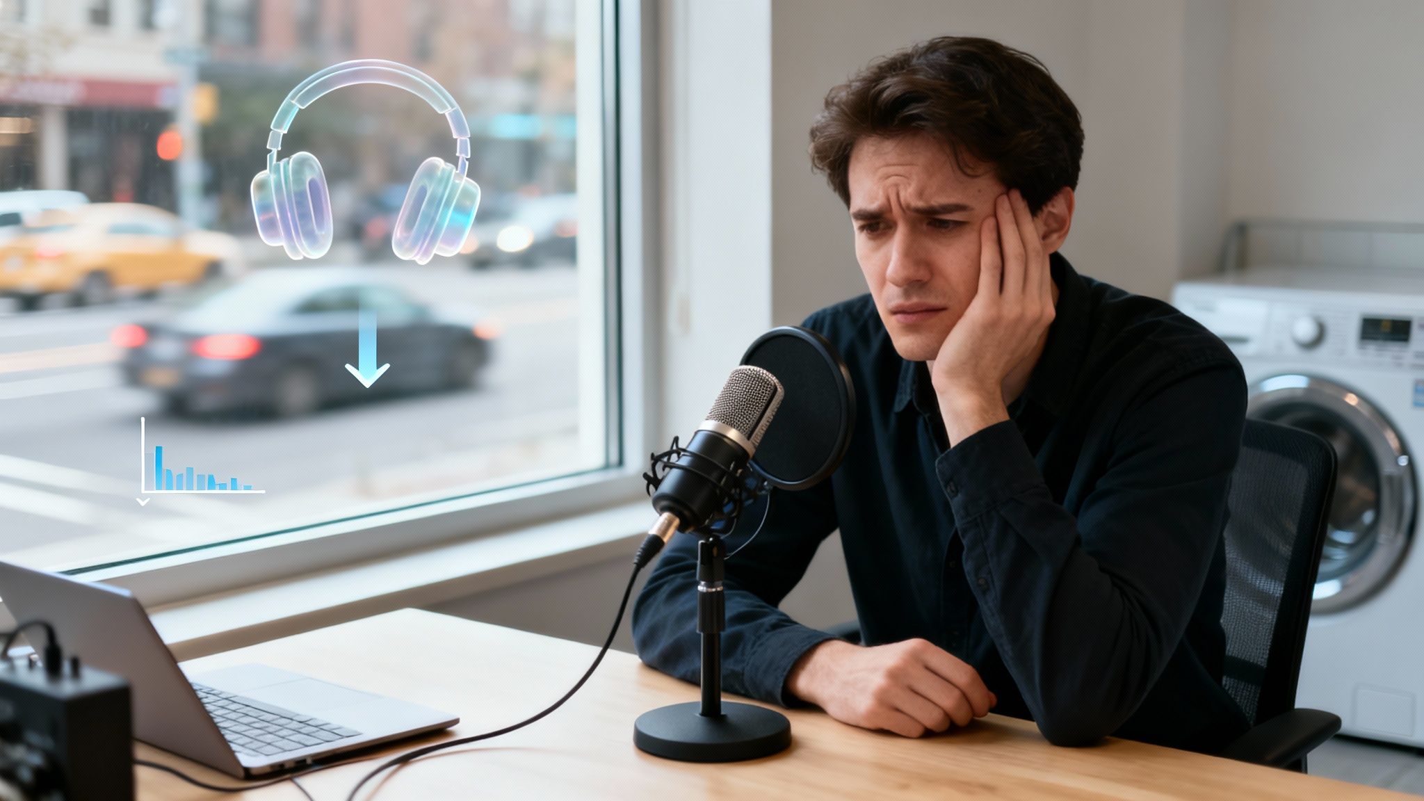 Frustrated podcaster experiencing background noise from city traffic and a washing machine during recording.
