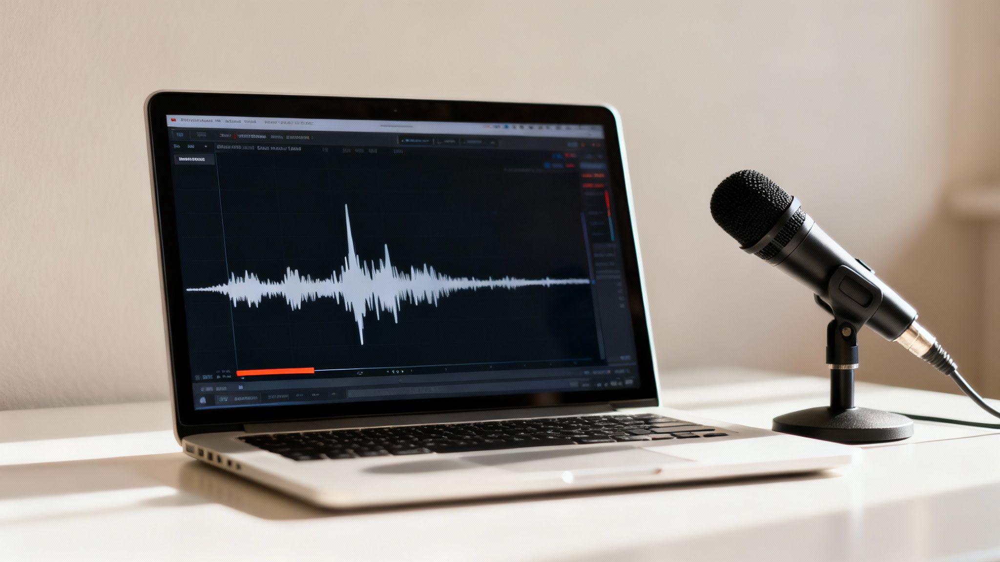 A black microphone next to a laptop displaying an audio waveform in editing software.