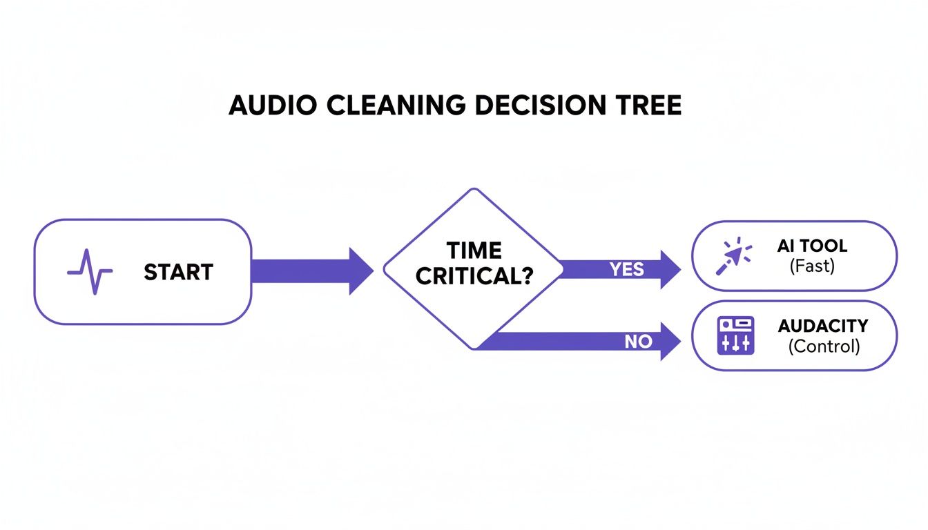A flowchart titled 'Audio Cleaning Decision Tree' showing options for audio cleaning based on time criticality.