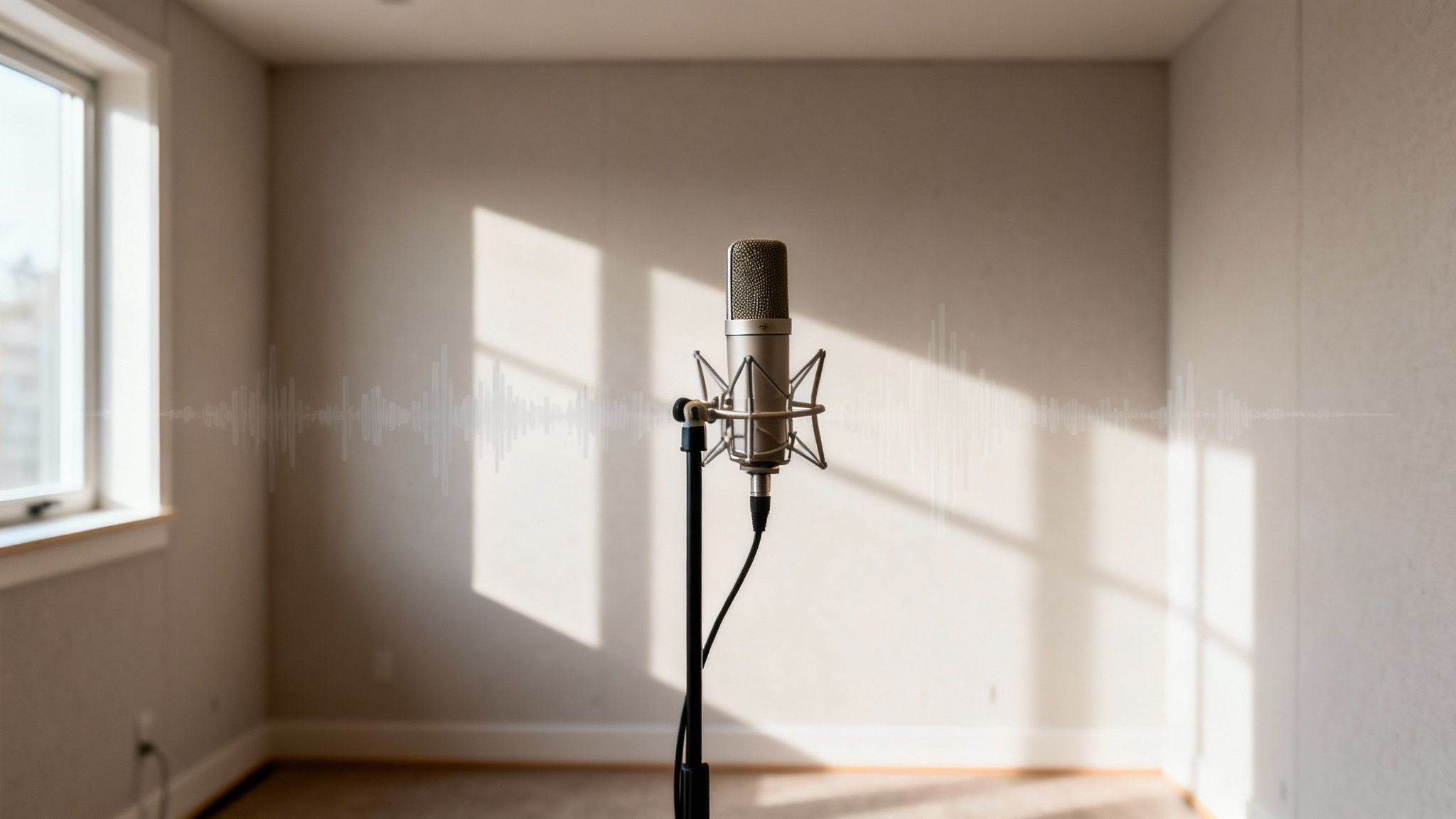 A condenser microphone on a stand in an empty room with sunlight and a sound wave graphic.