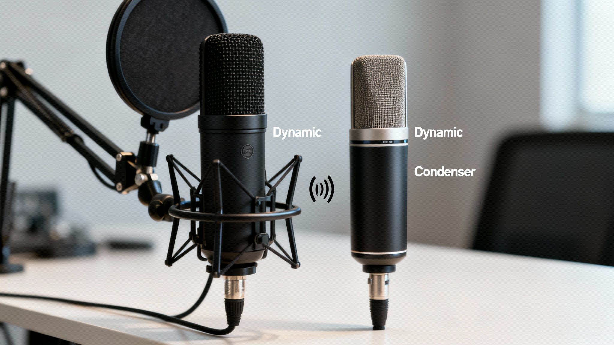 Two microphones, dynamic and condenser, on a desk with a pop filter for recording.