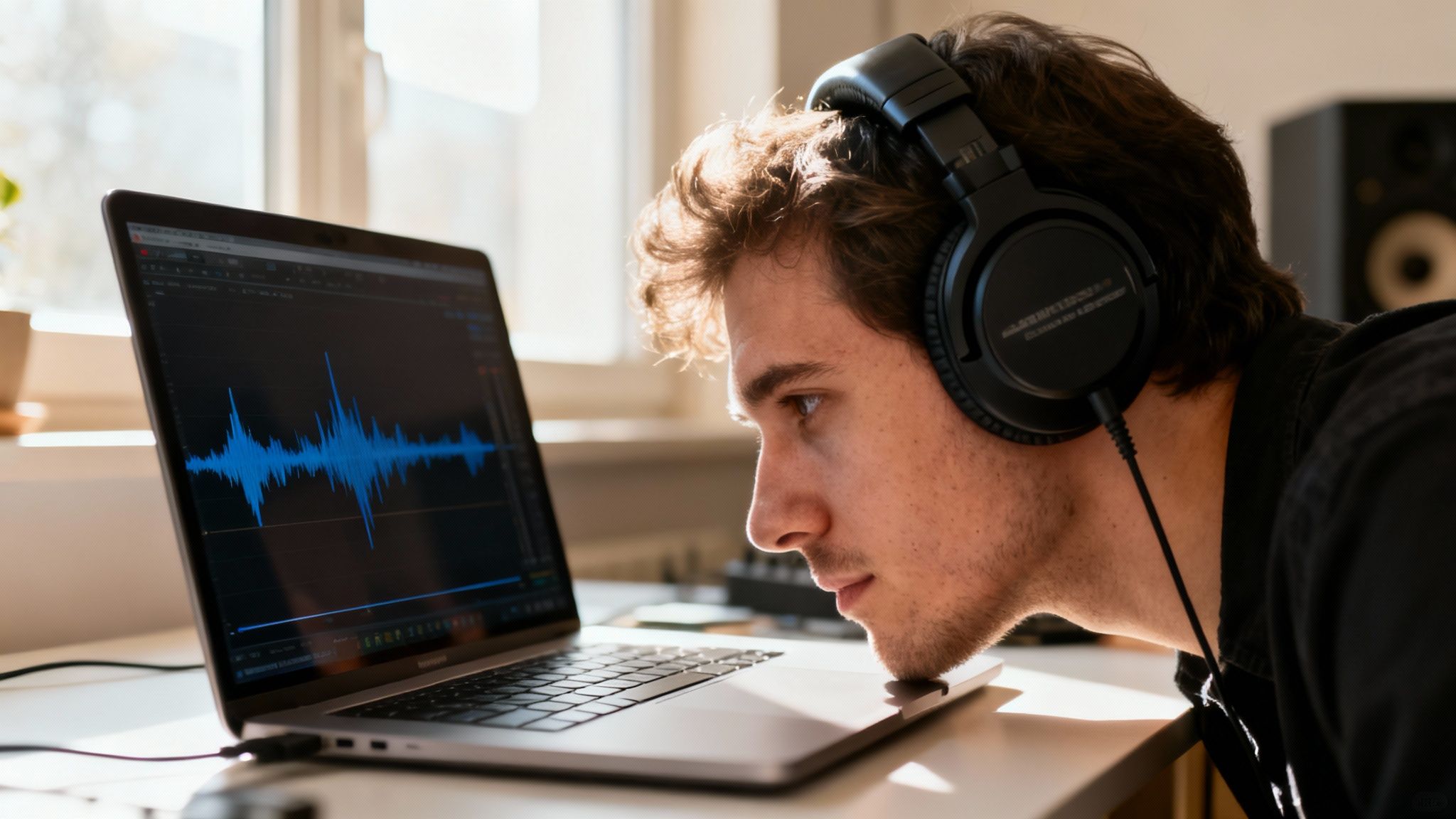 A young man wearing headphones intently watches an audio waveform on his laptop screen.