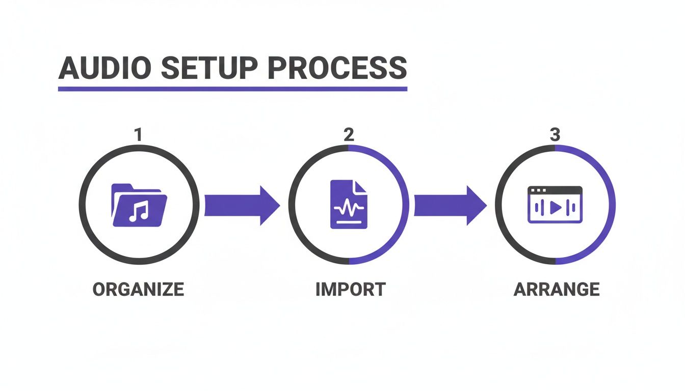 A three-step diagram illustrates the audio setup process: organize, import, and arrange.