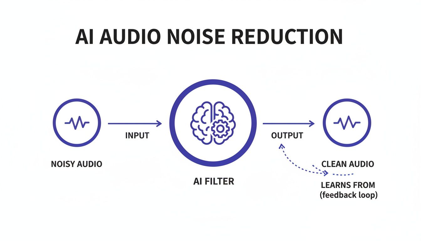 Diagram showing AI audio noise reduction: noisy audio input, AI filter processing, clean audio output with feedback loop.