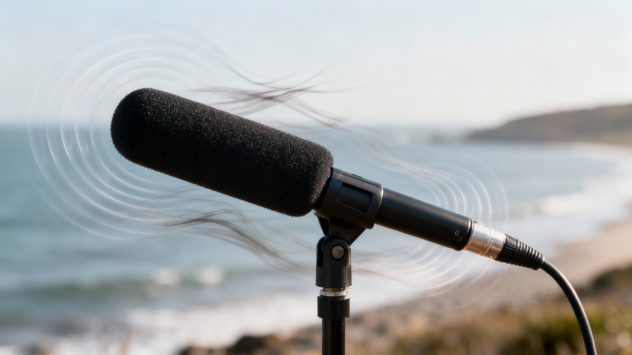 A black shotgun microphone on a stand, capturing sound waves and wind by the ocean.