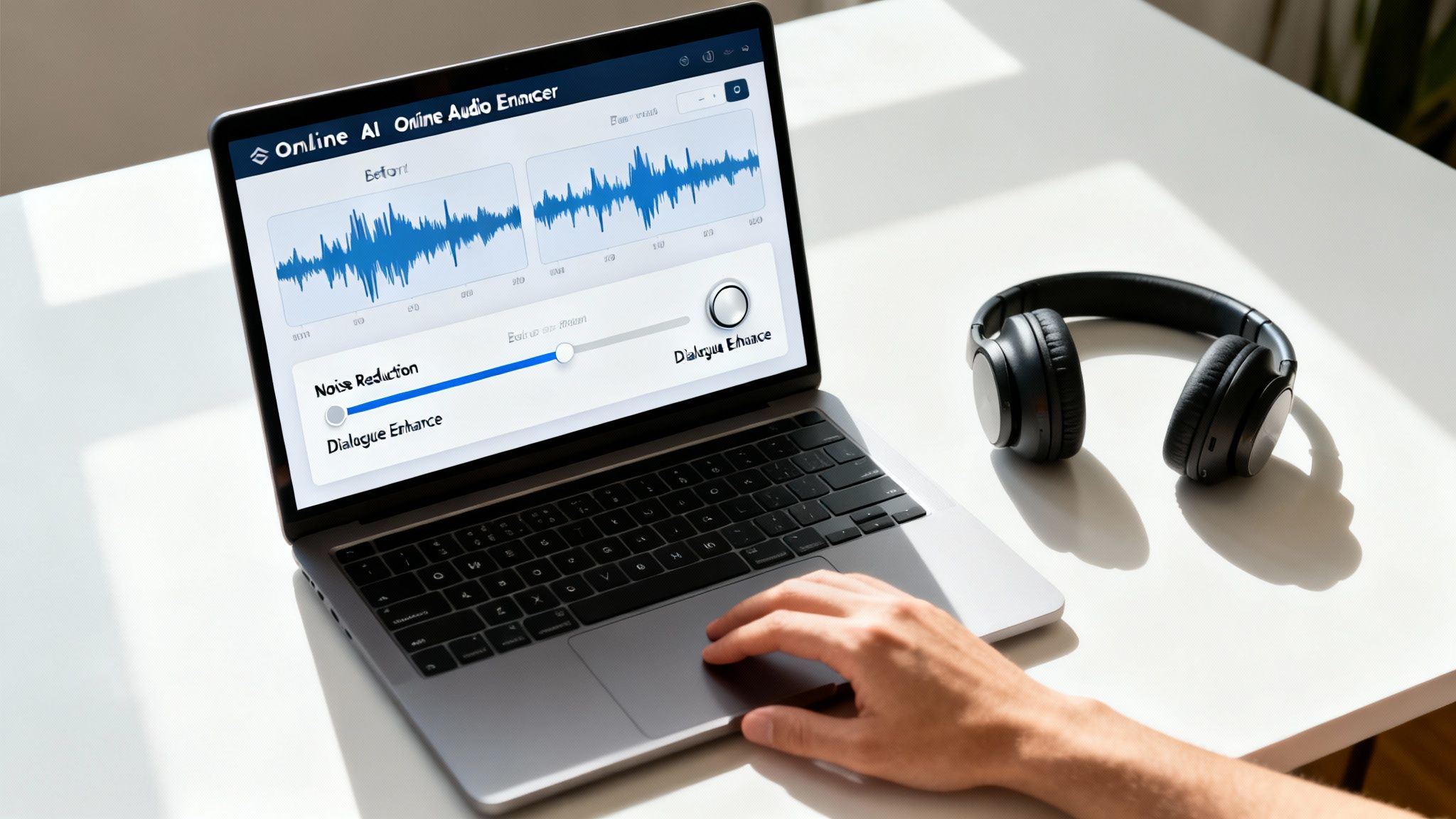 Person using a laptop with online AI audio enhancer displaying waveforms and noise reduction settings, with headphones nearby.