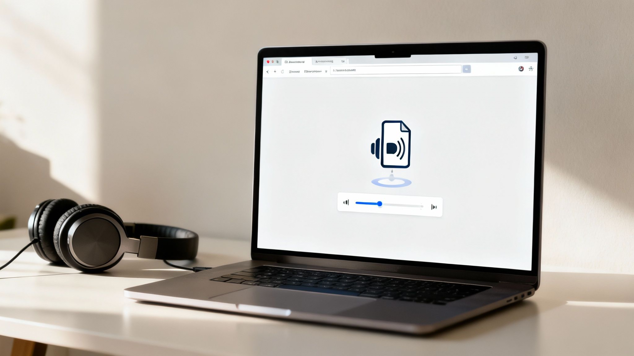 A laptop on a white desk displays an audio player interface, with black headphones nearby.