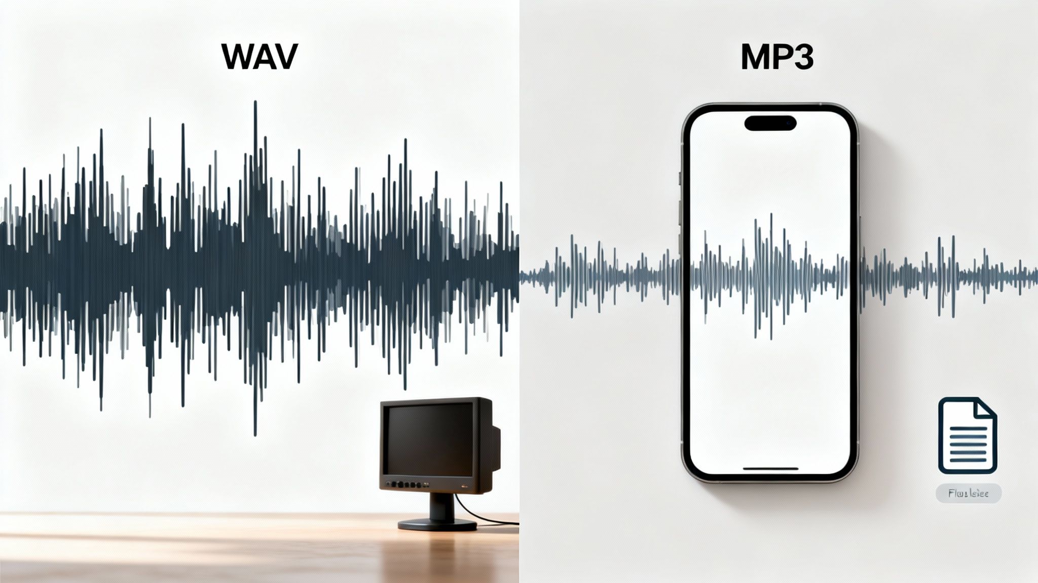 Image comparing a detailed WAV audio waveform with a more compressed MP3 waveform displayed on a smartphone.