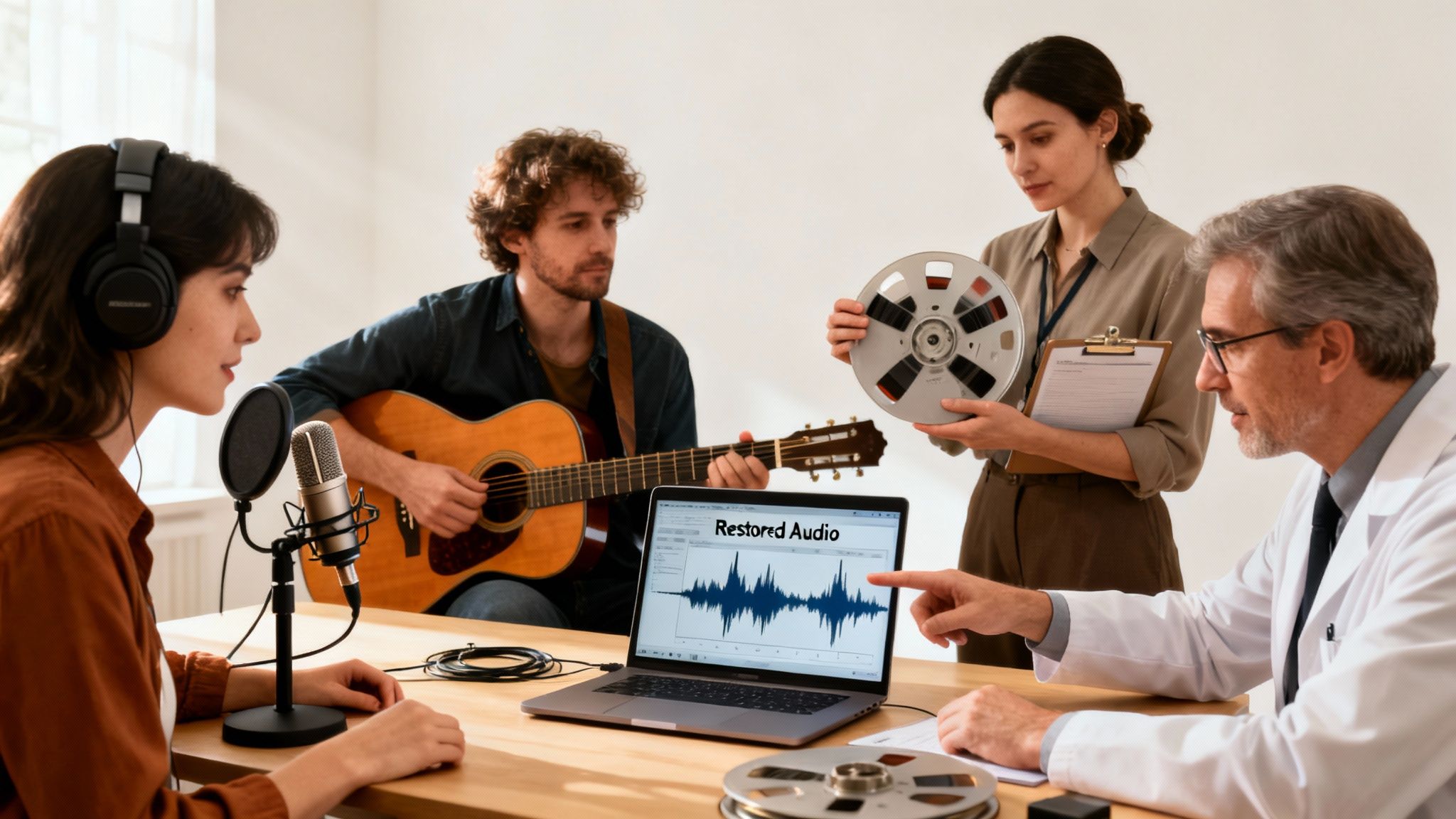 Group collaborating on audio restoration, featuring musicians, a technician, and a scientist.