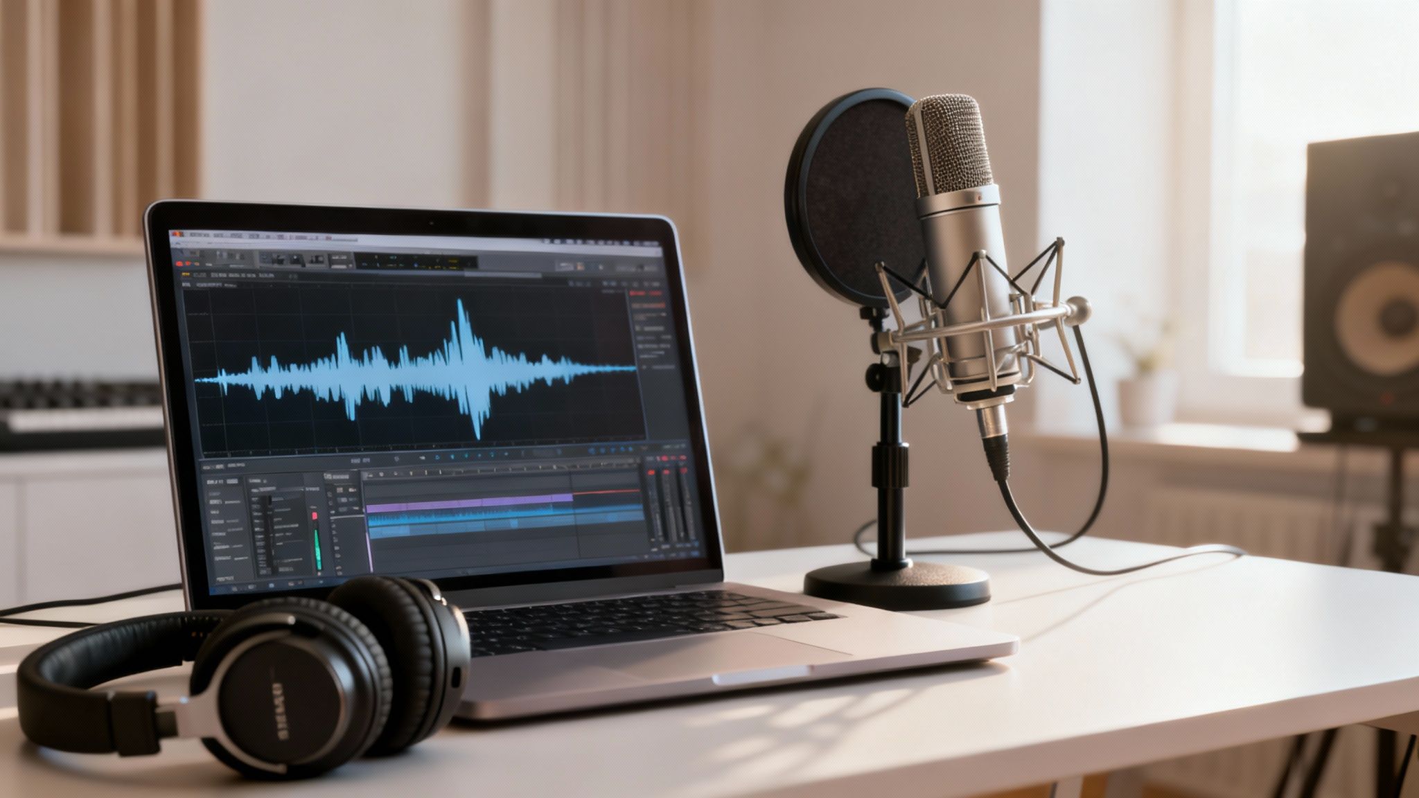 A recording studio setup with a laptop displaying audio waveforms, a microphone, and headphones.