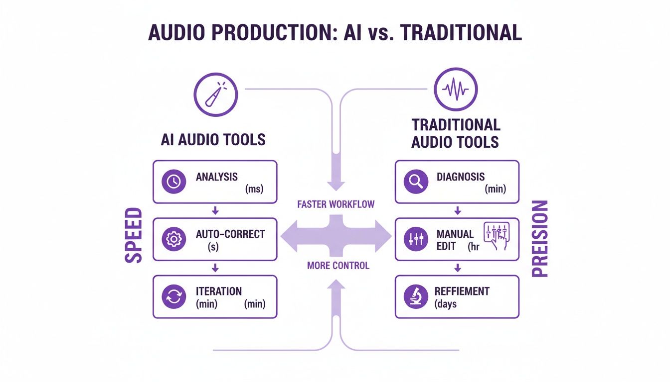 Infographic comparing AI and traditional audio production workflows, highlighting speed for AI and precision for traditional methods.