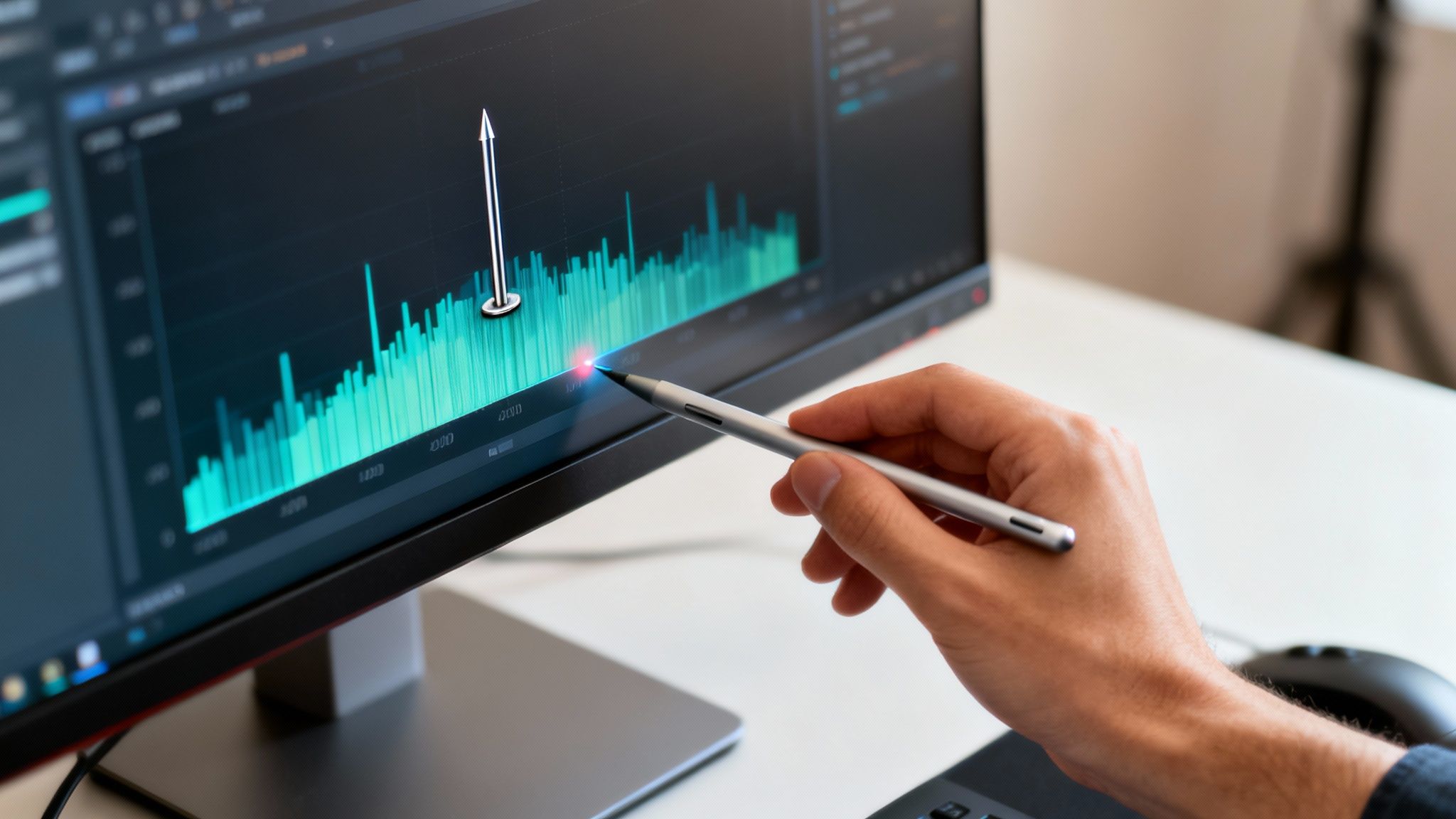 A hand uses a stylus to interact with a computer monitor displaying an audio waveform or data graph with an upward trend.