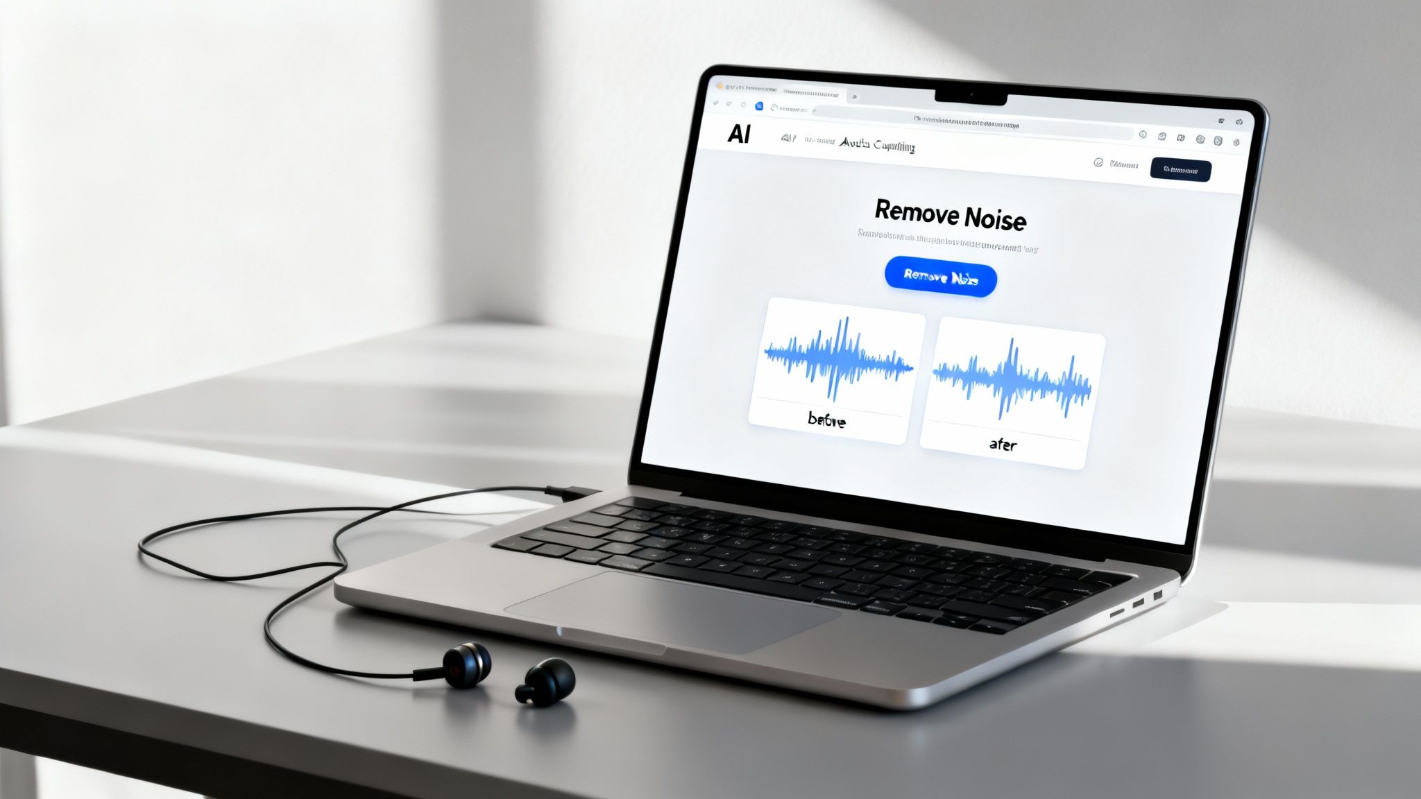 Laptop displaying an audio noise removal tool with before and after sound wave comparisons, next to wired headphones.