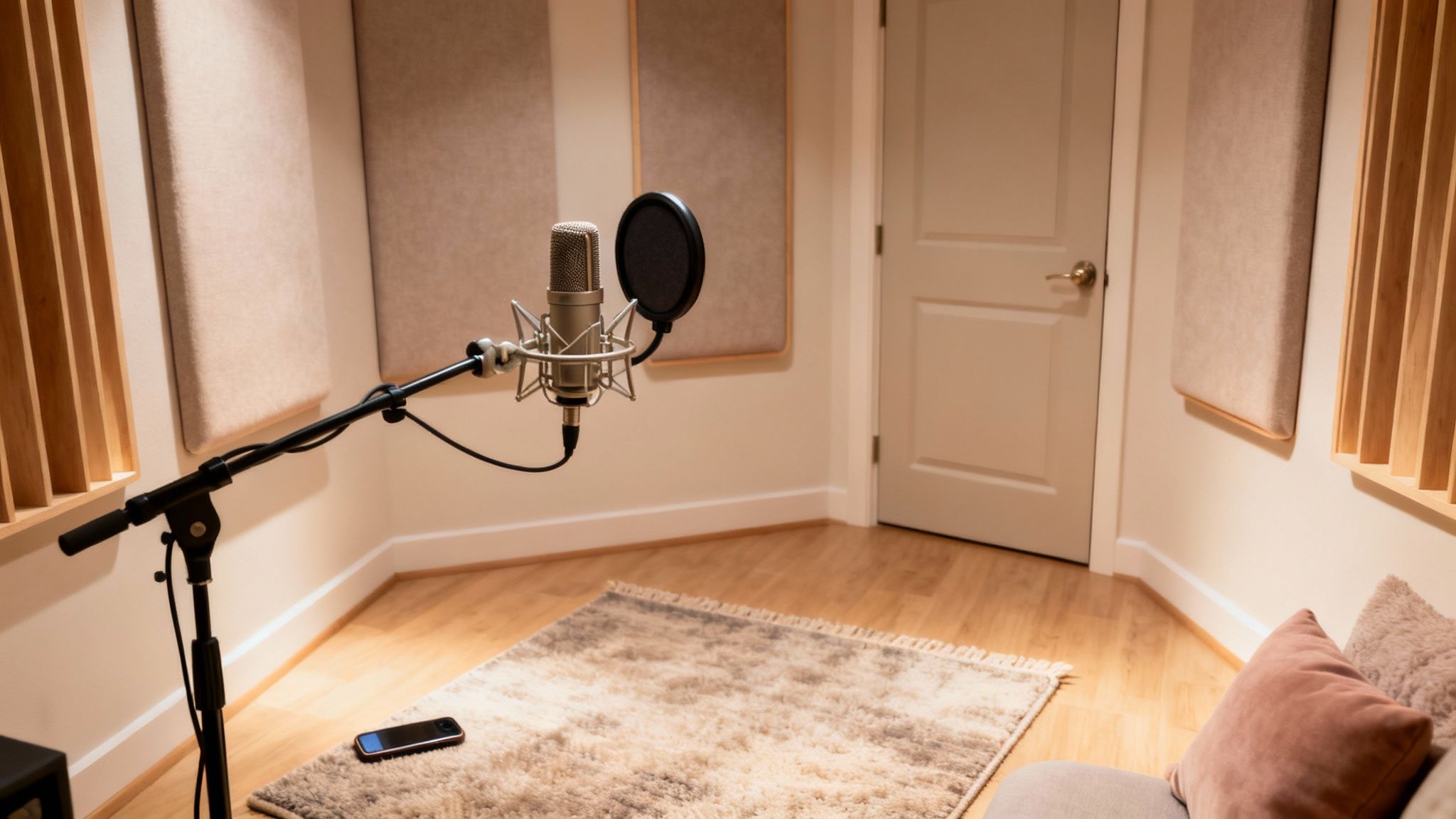 A modern home recording studio features a microphone, acoustic panels, and a cozy rug.