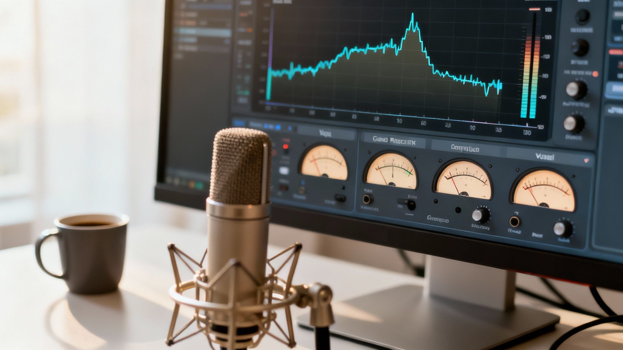 A professional studio microphone sits next to a computer screen showing audio editing software with waveforms and meters, beside a coffee cup.