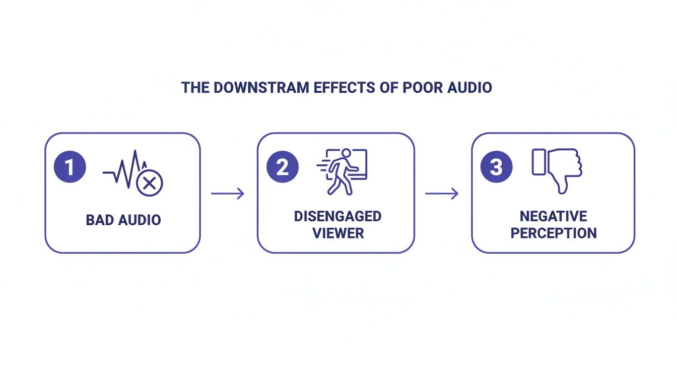 Flowchart showing poor audio leads to disengaged viewers and negative brand perception.
